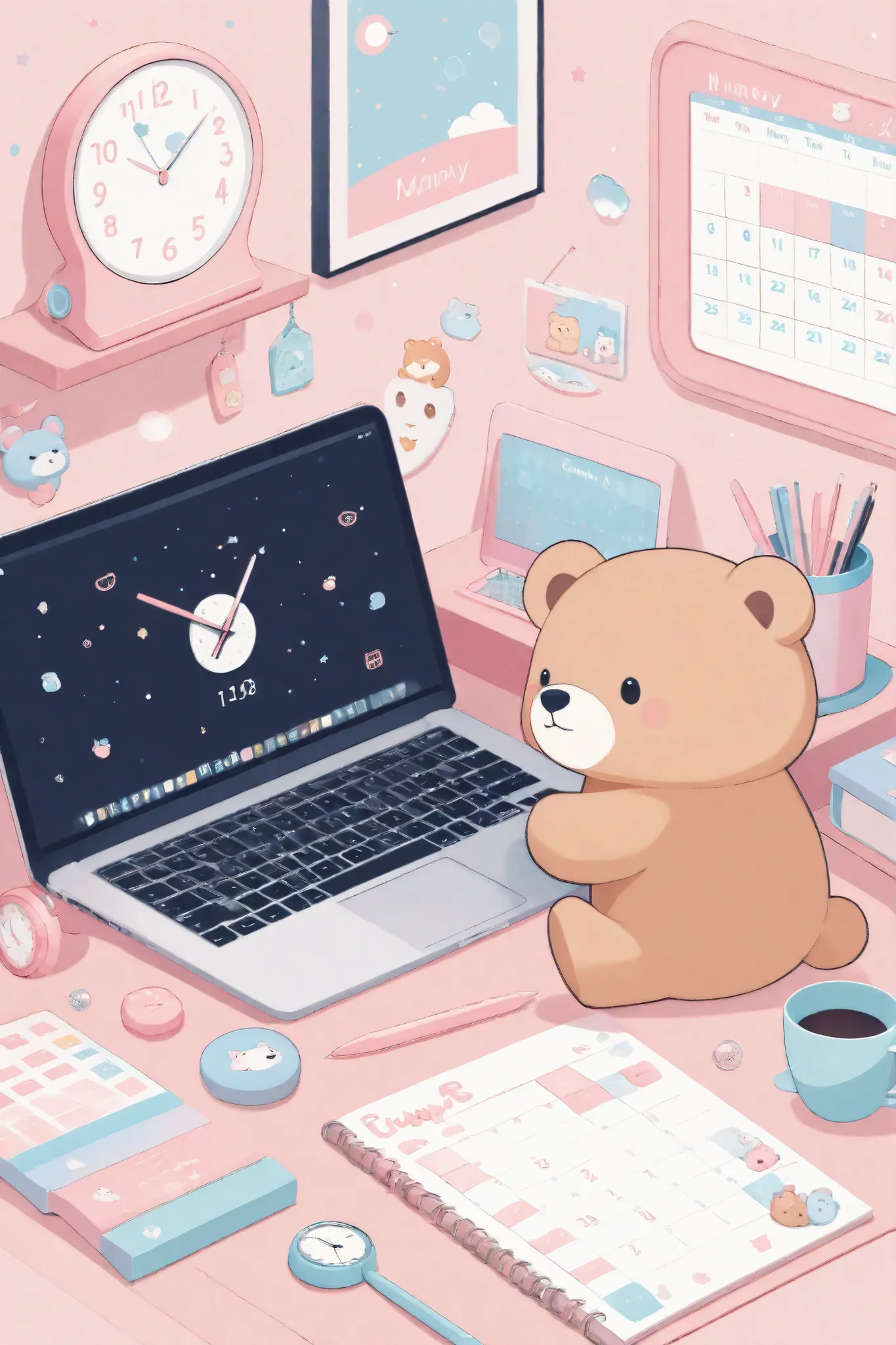 A pastel-pink, whimsical digital illustration of a cozy, organized study area, featuring cute cartoon animals, decorative elements, a clock, calendar, laptop screen with a cartoon bear blowing bubbles, and text in a simple, rounded font, capturing the aest...