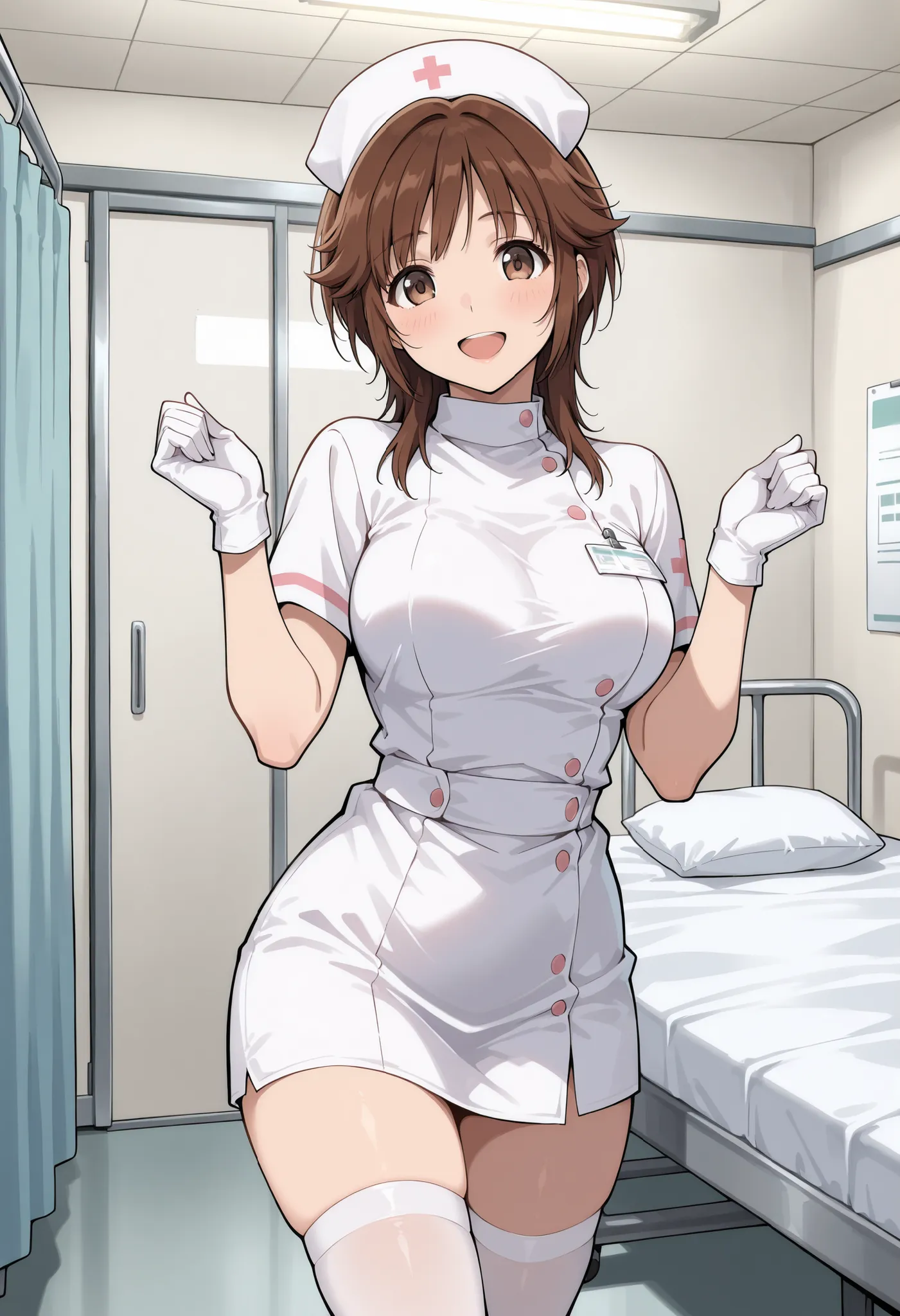 Score_9, score_8_up, score_7_up, source_anime, srkho, solo, brown hair, medium hair, brown eyes, large breasts, (best quality), (high quality), {masterpiece}, extremely delicate and beautiful, ultra-detailed, beautiful detailed eyes, nurse, nurse hat, ((wh...