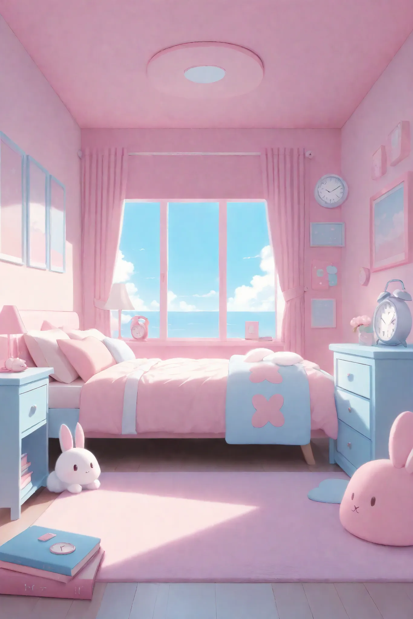 A pastel-pink and light-blue bedroom scene, featuring a digital-style aesthetic with a cute, cartoonish bunny, a bedside table with books and a lamp, a clock, a digital clock, and various pink accents; overall, conveying a soft, peaceful, and dreamy atmosp...