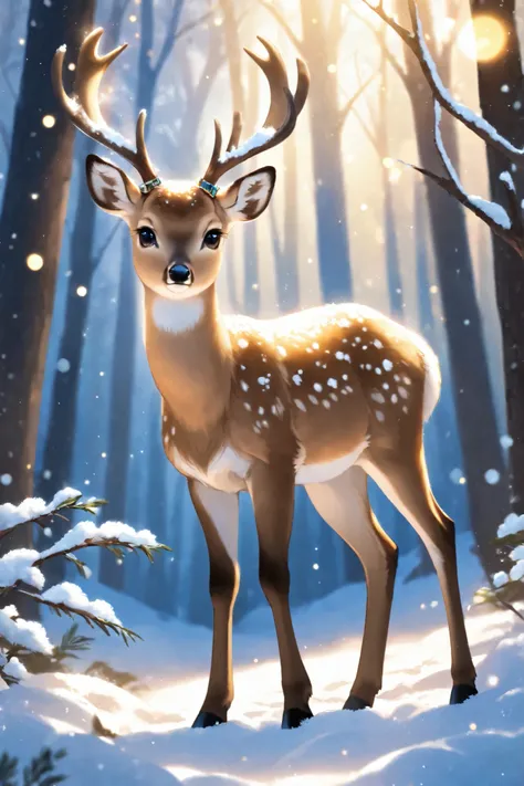 A cute, fluffy, light brown deer fawn covered in sparkling snow, with large, expressive eyes, delicate antler-like branches, and a small snowflake-shaped ornament on a collar, standing in a snowy forest scene with soft, golden bokeh light filtering through...