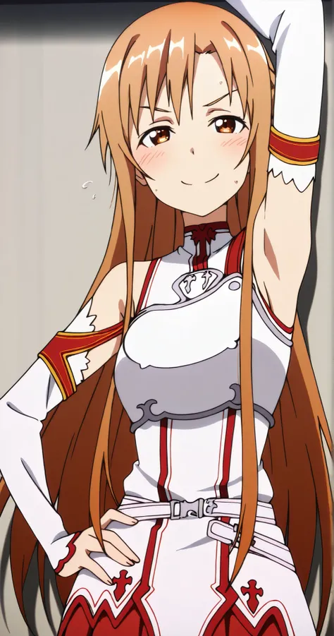 masterpiece, best quality, amazing quality, anime screencap, anime coloring, 1girl, solo, Yuuki Asuna, Yuuki Asuna SAO costume, White Armor, White breastplate, White isolated sleeve, (character), long hair, detached sleeves, bare shoulders, bare arms, arm ...