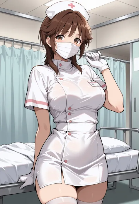 Score_9, score_8_up, score_7_up, source_anime, srkho, solo, brown hair, medium hair, brown eyes, large breasts, (best quality), (high quality), {masterpiece}, extremely delicate and beautiful, ultra-detailed, beautiful detailed eyes, nurse, nurse hat, ((wh...
