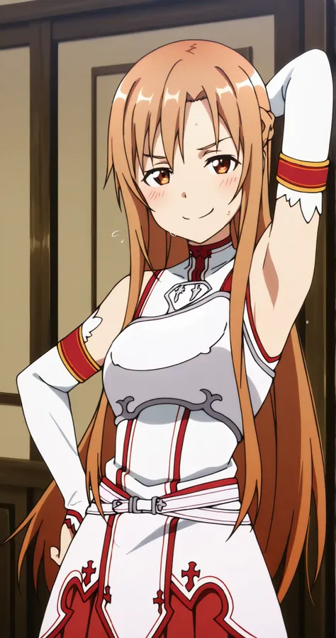 masterpiece, best quality, amazing quality, anime screencap, anime coloring, 1girl, solo, Yuuki Asuna, Yuuki Asuna SAO costume, White Armor, White breastplate, White isolated sleeve, (character), long hair, detached sleeves, bare shoulders, bare arms, arm ...