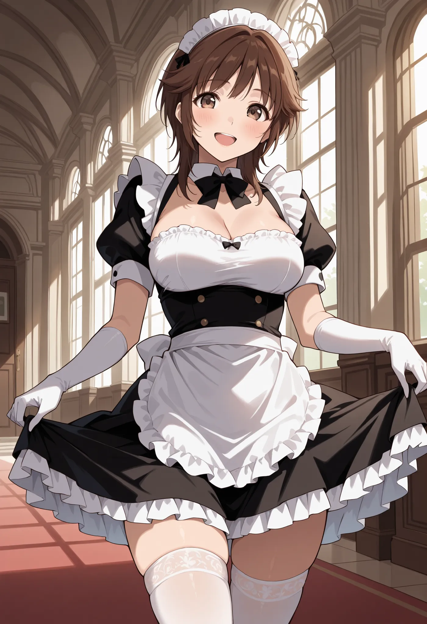 Score_9, score_8_up, score_7_up, source_anime, srkho, solo, brown hair, medium hair, brown eyes, large breasts, (best quality), (high quality), {masterpiece}, extremely delicate and beautiful, ultra-detailed, beautiful detailed eyes, maid, black maid costu...