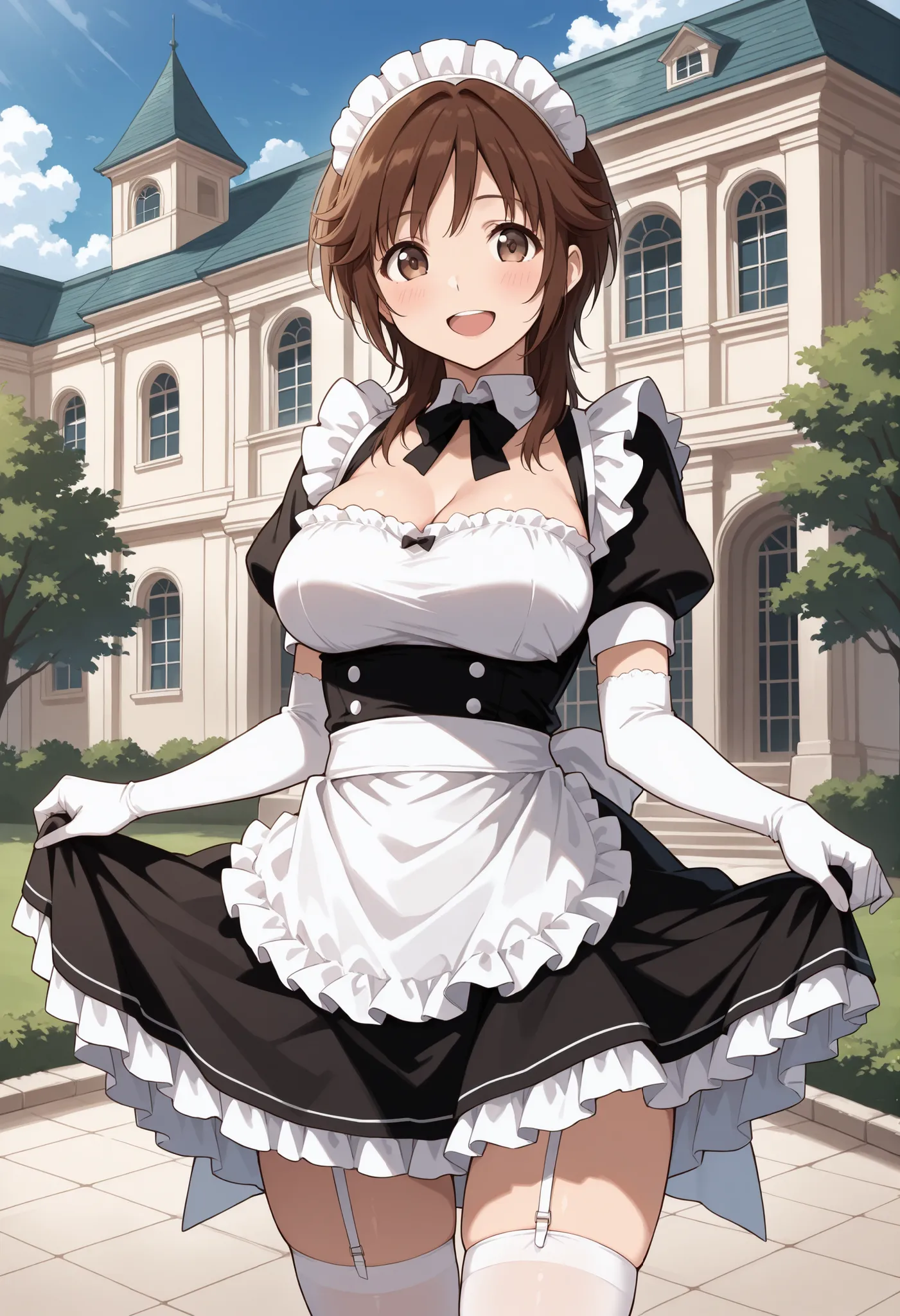 Score_9, score_8_up, score_7_up, source_anime, srkho, solo, brown hair, medium hair, brown eyes, large breasts, (best quality), (high quality), {masterpiece}, extremely delicate and beautiful, ultra-detailed, beautiful detailed eyes, maid, black maid costu...