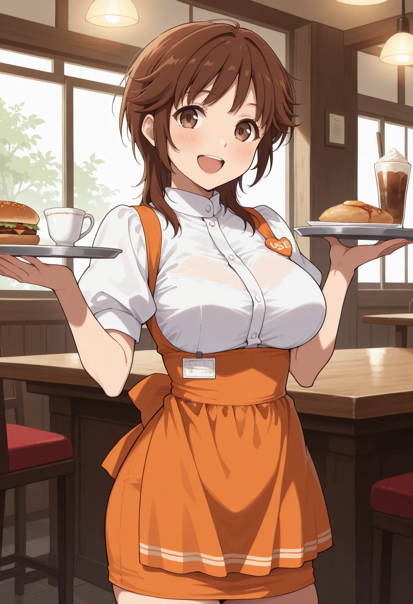 Score_9, score_8_up, score_7_up, source_anime, srkho, solo, brown hair, medium hair, brown eyes, large breasts, (best quality), (high quality), {masterpiece}, extremely delicate and beautiful, ultra-detailed, beautiful detailed eyes, anna miller, waitress,...