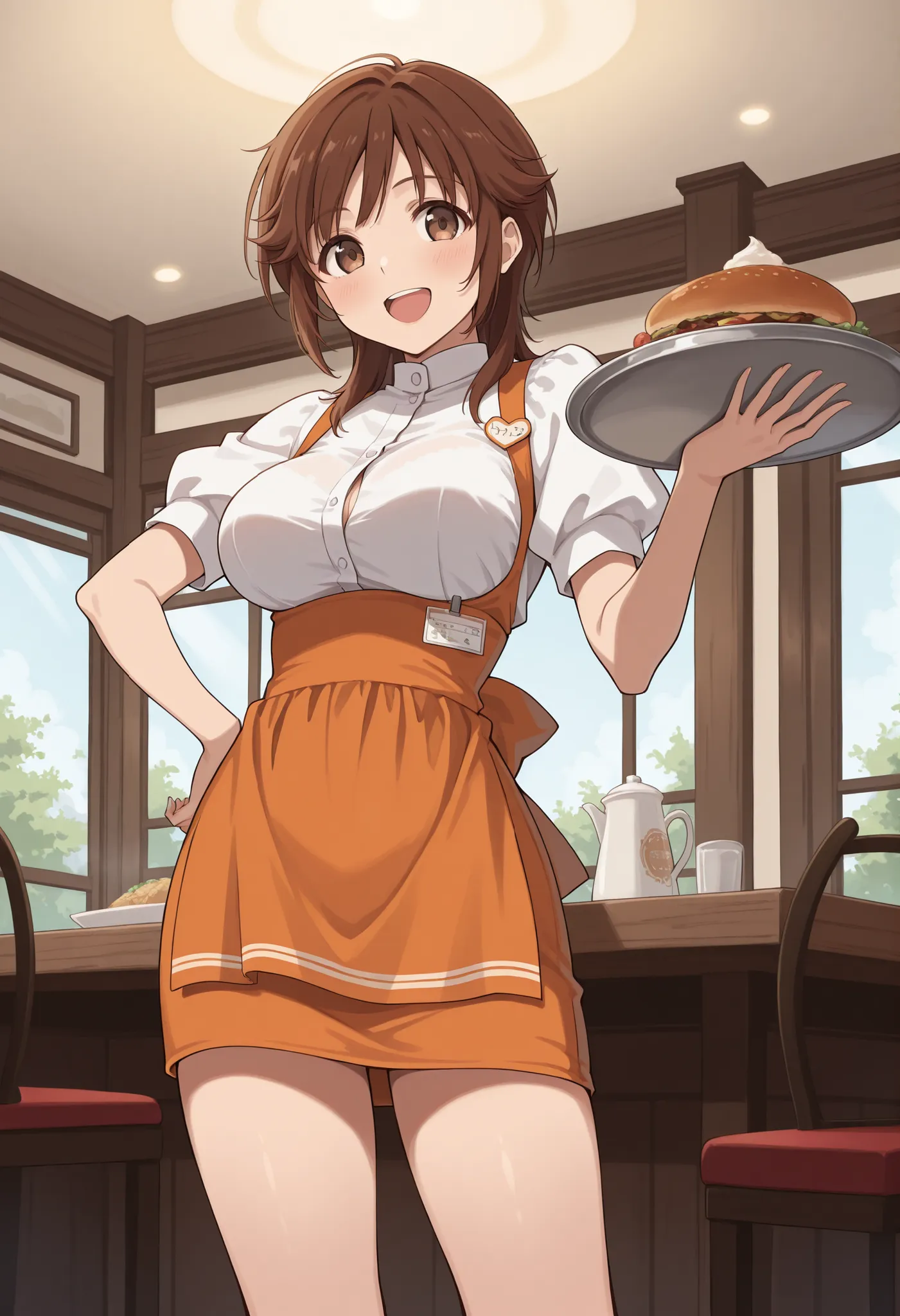 Score_9, score_8_up, score_7_up, source_anime, srkho, solo, brown hair, medium hair, brown eyes, large breasts, (best quality), (high quality), {masterpiece}, extremely delicate and beautiful, ultra-detailed, beautiful detailed eyes, anna miller, waitress,...