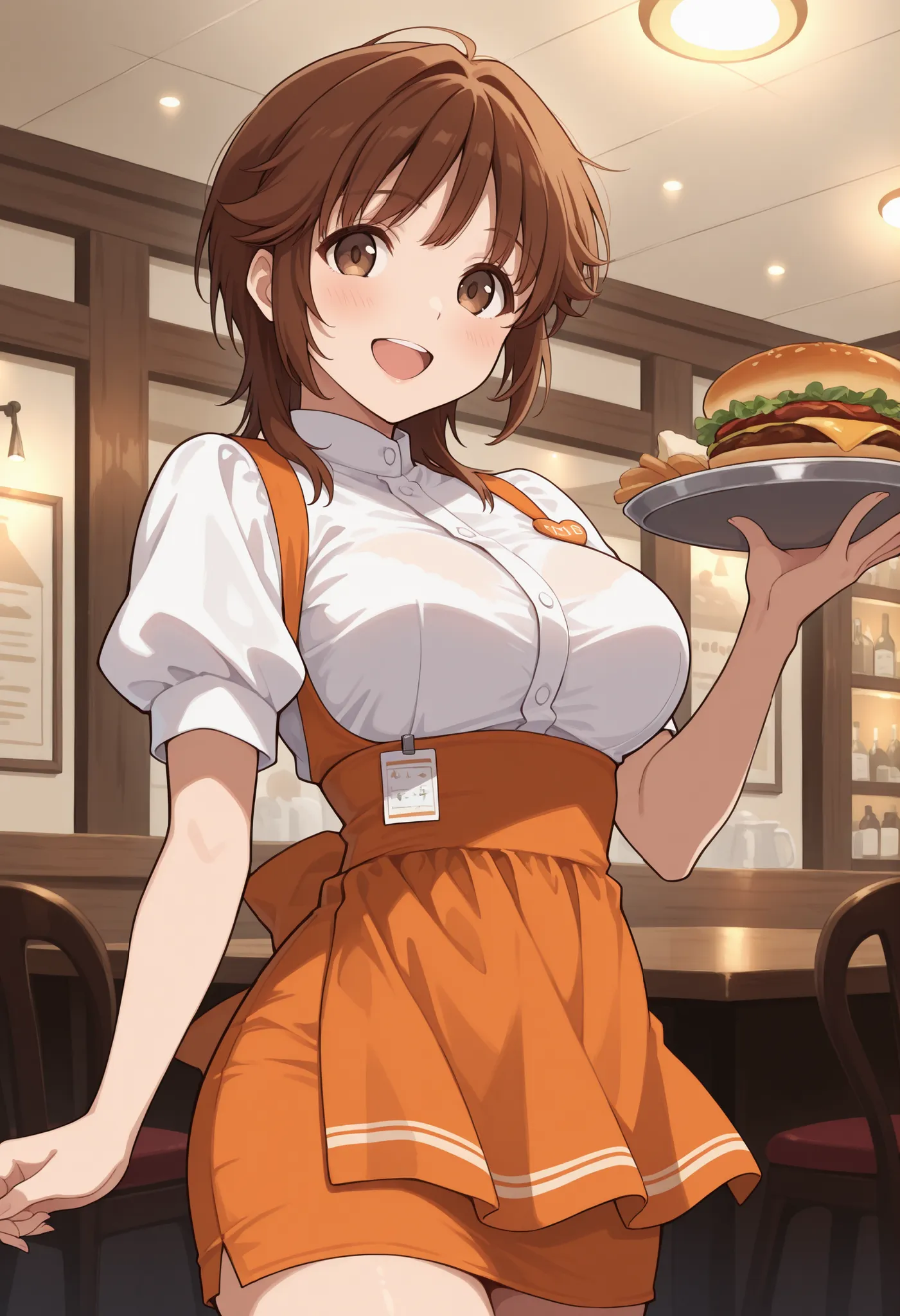 Score_9, score_8_up, score_7_up, source_anime, srkho, solo, brown hair, medium hair, brown eyes, large breasts, (best quality), (high quality), {masterpiece}, extremely delicate and beautiful, ultra-detailed, beautiful detailed eyes, anna miller, waitress,...