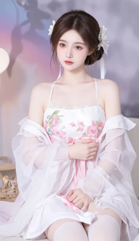 robe, 1 girl, [[bow, eyes, flower, ribbon, White Rose, Chest, 白色 Chinese clothing , Chinese clothing , skirt, flower, Gradient , Gradient background, embroidered ball flower, Watch the audience, small Chest, white pantyhose, White Rose, Sing...