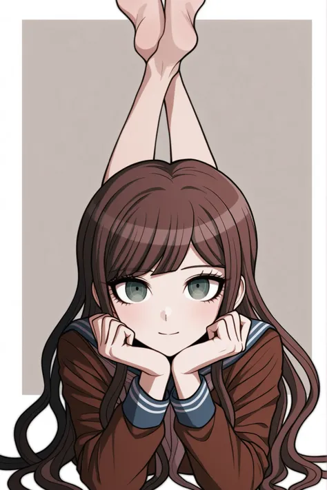 Create a Danganronpa character with brown long wavy hair and green eyes and the pose and face of the character in the photo 