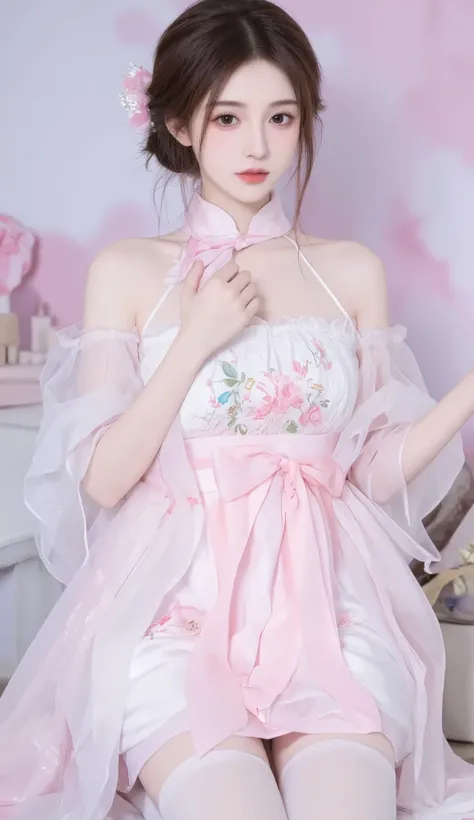 robe, 1 girl, [[ eyes, 白flower, ribbon, Chest, 白色 Chinese clothing , Chinese clothing , skirt, flower, Gradient , Gradient background, embroidered ball flower, Watch the audience, small Chest, white pantyhose, Single, thigh 连裤袜
