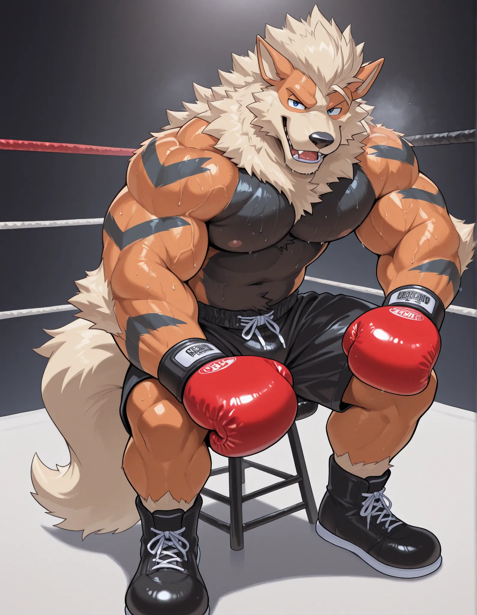 Arcanine, anthro male, high quality, full body, looking at viewer, solo, boxing ring background, red boxing gloves, thick very veiny arms, heavyweight muscular, black boxing shorts, black boxing shoes, heavyweight boxing champion, glistening fur, sweaty, o...