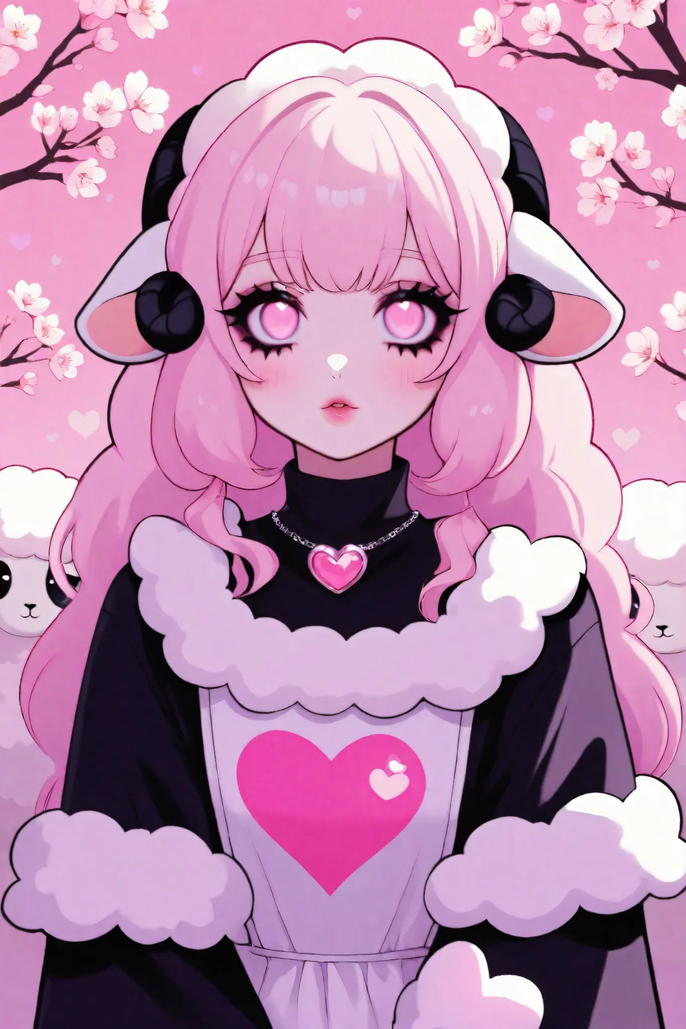 Cute cartoon/ Sheep woman, pink aesthetic background, heart, cherry blossoms, well lit, pastel goth