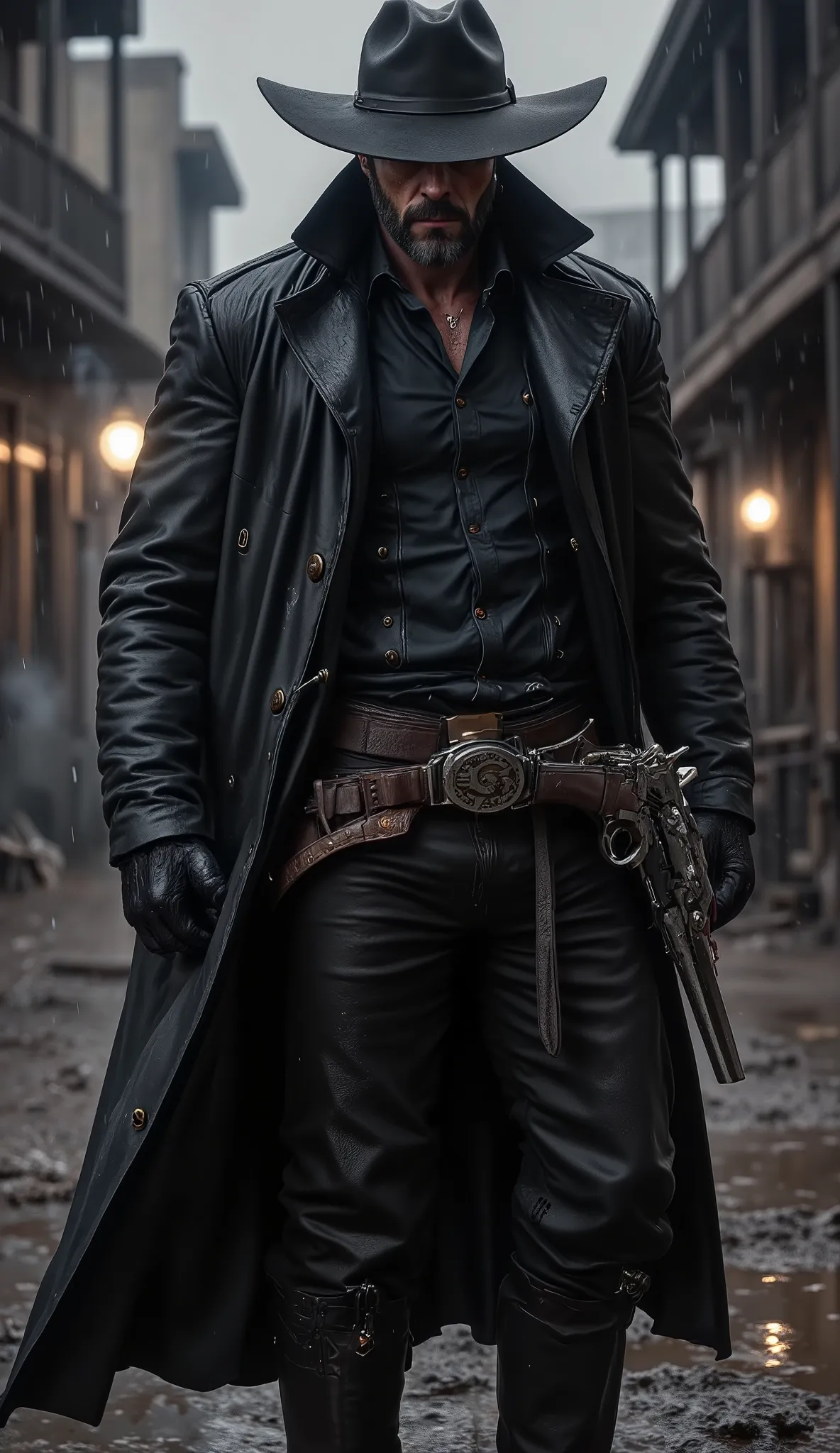 A hyperrealistic, cinematic ground-level shot of a gunslinger standing alone in the rain-slicked, muddy streets of a desolate frontier town at night. He wears a long, dark leather overcoat, its surface glistening with moisture, and a wide-brimmed cowboy ha...