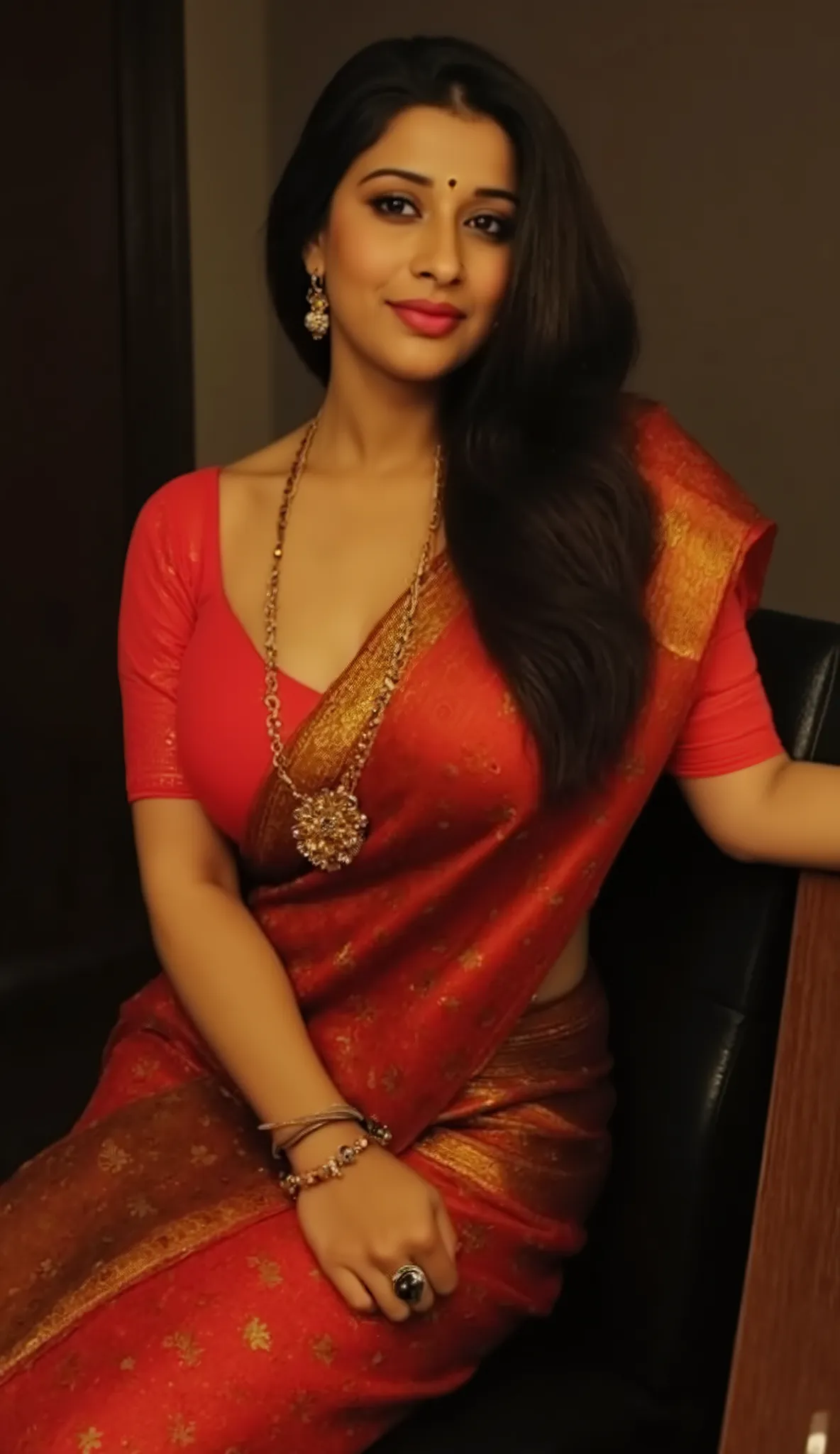 A tall indian gorgeous smoldering bombshell milf of 39 years old with sultry makeup. Wearing a traditional saree blouse that falls only till her ribs, thus showing her cleavage and belly, and a petticoat that shows her navel as it sits below it. The hair i...