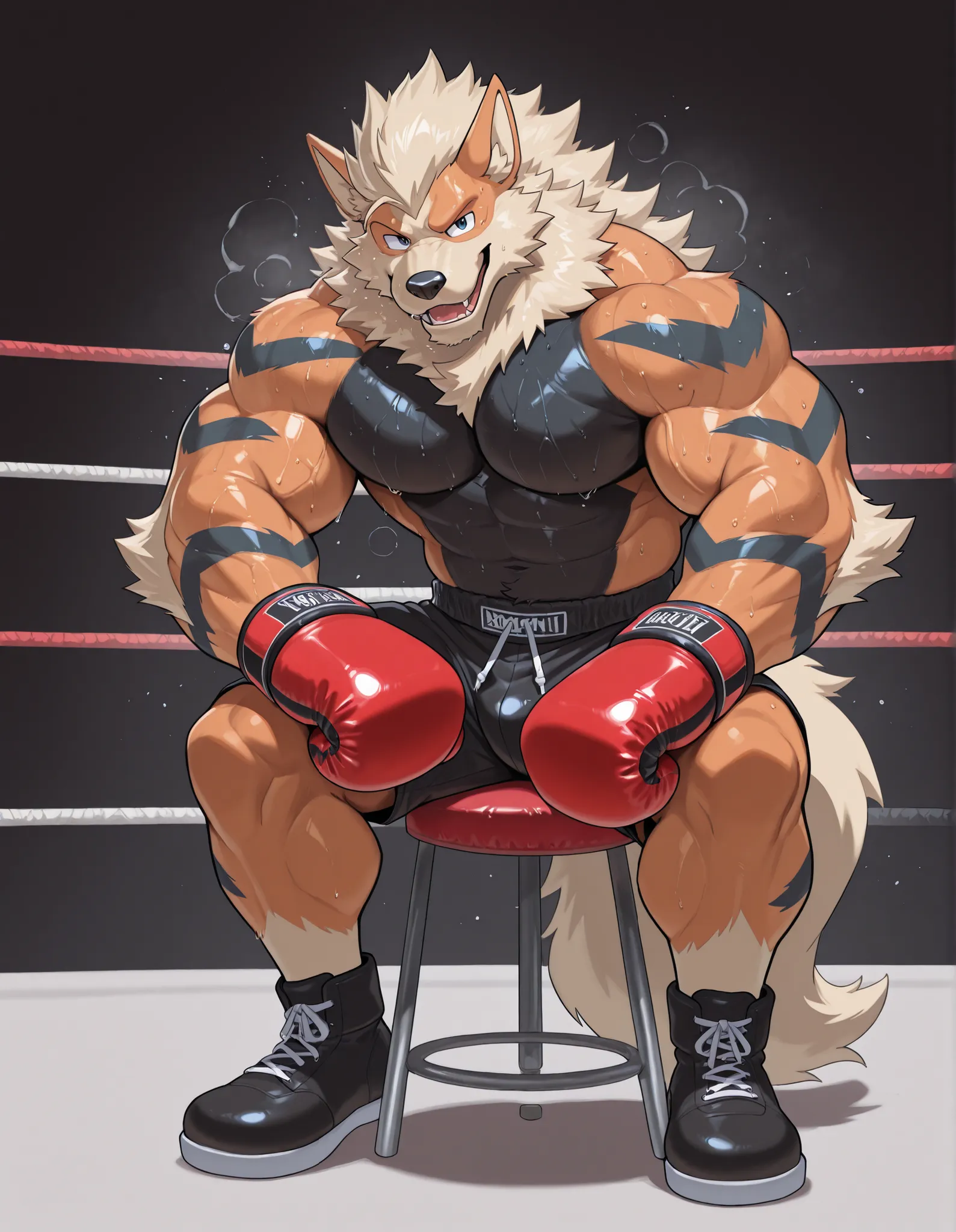 Arcanine, anthro male, high quality, full body, looking at viewer, solo, boxing ring background, red boxing gloves, thick very veiny arms, heavyweight muscular, black boxing shorts, black boxing shoes, heavyweight boxing champion, glistening fur, sweaty, o...