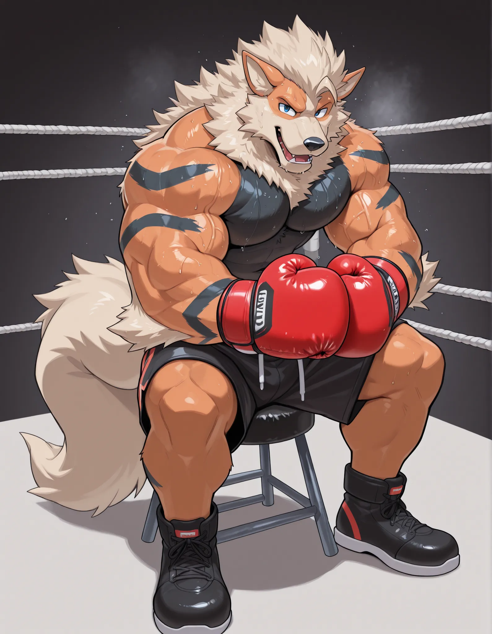 Arcanine, anthro male, high quality, full body, looking at viewer, solo, boxing ring background, red boxing gloves, thick very veiny arms, heavyweight muscular, black boxing shorts, black boxing shoes, heavyweight boxing champion, bushy eyebrows, glistenin...