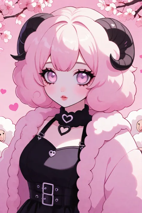 Cute cartoon/ Sheep woman, pink aesthetic background, heart, cherry blossoms, well lit,  pastel goth
