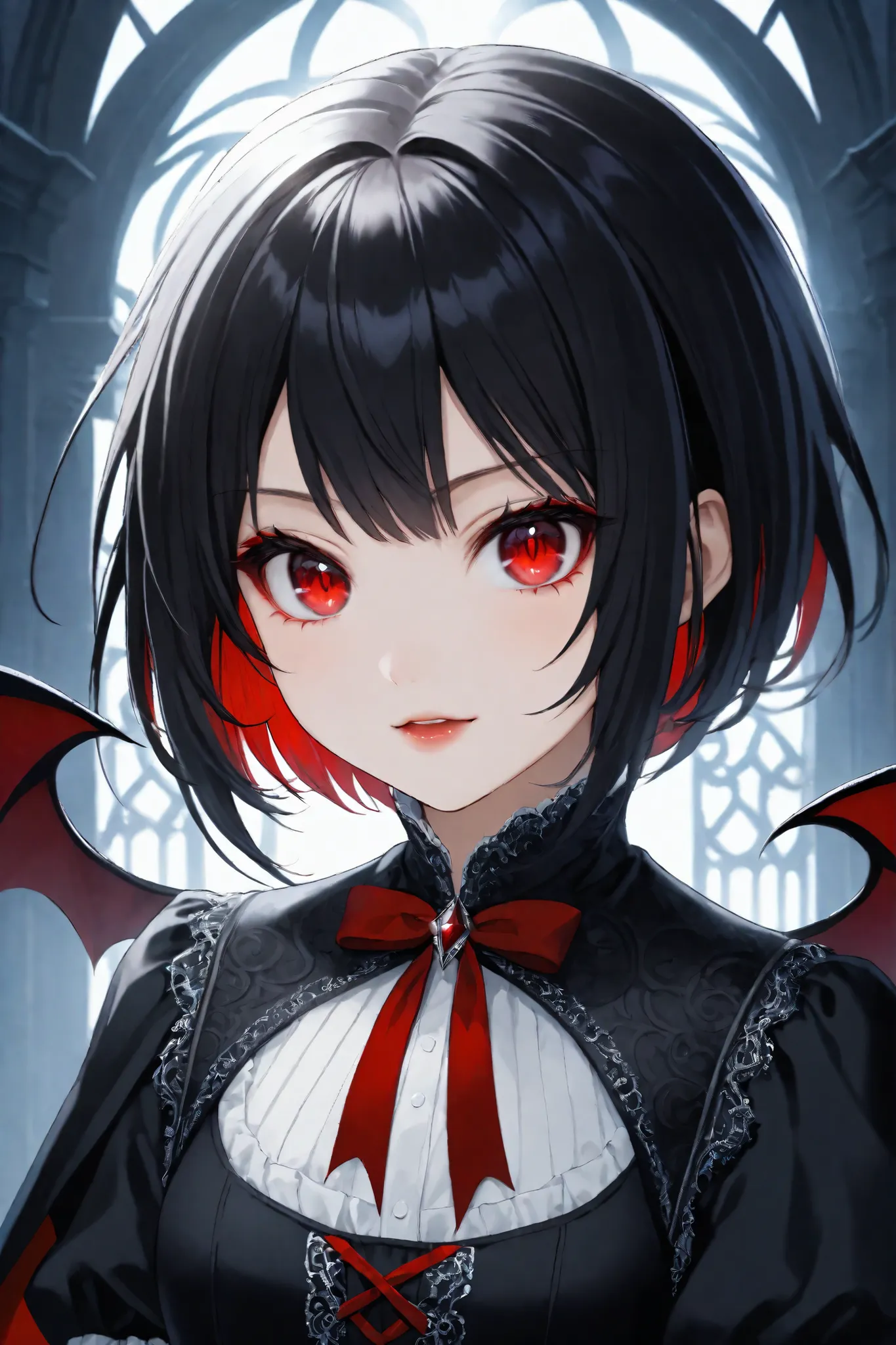 A cute vampire girl with short black hair and red eyes, intricate details), masterpiece, best quality