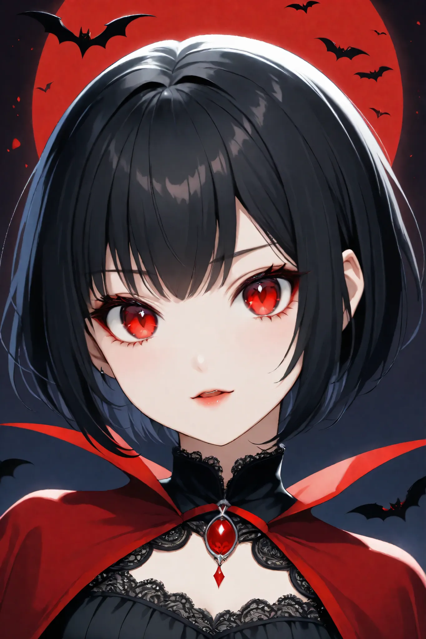 A cute vampire girl with short black hair and red eyes, intricate details), masterpiece, best quality