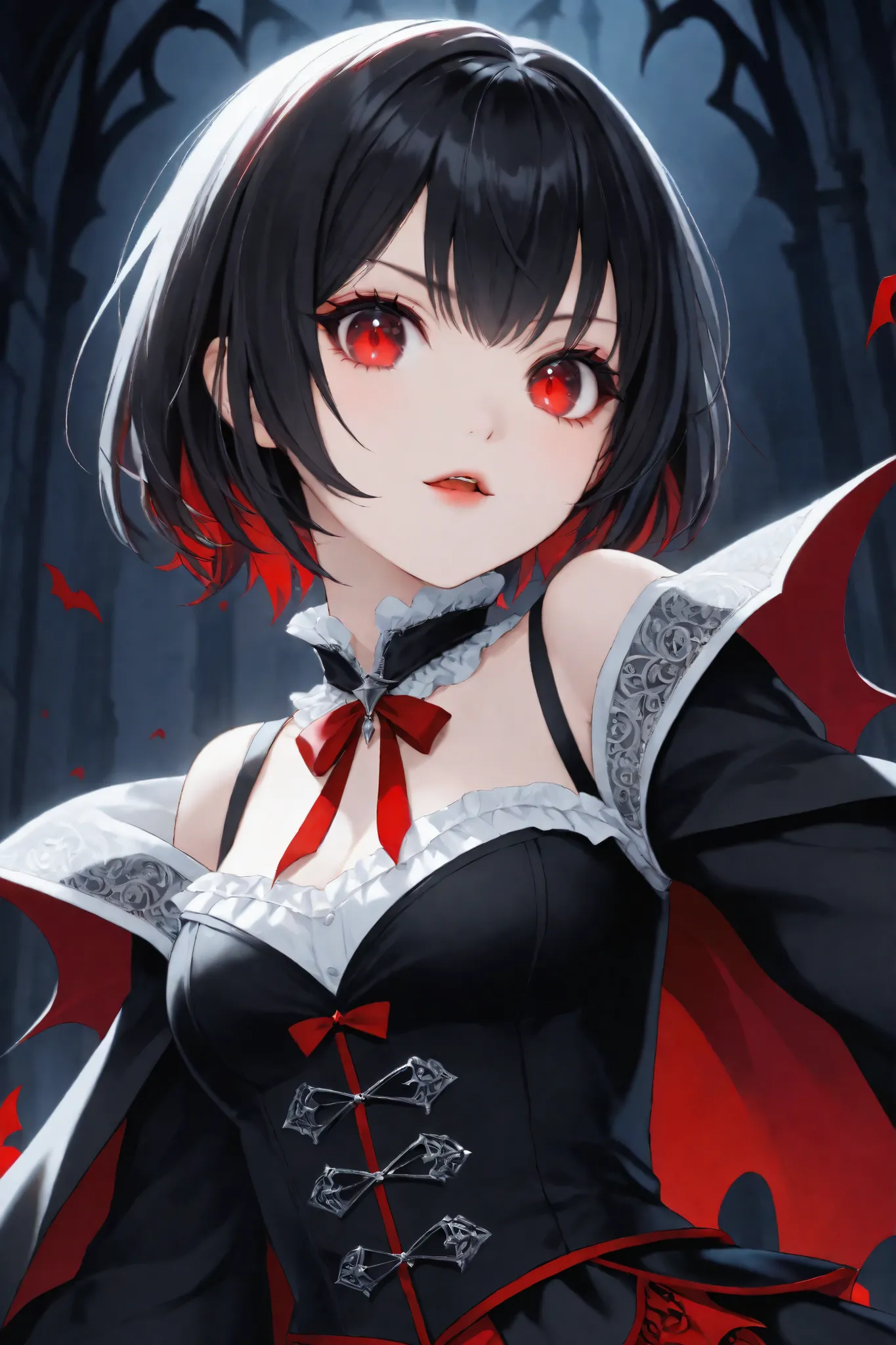 A cute vampire girl with short black hair and red eyes, intricate details), masterpiece, best quality