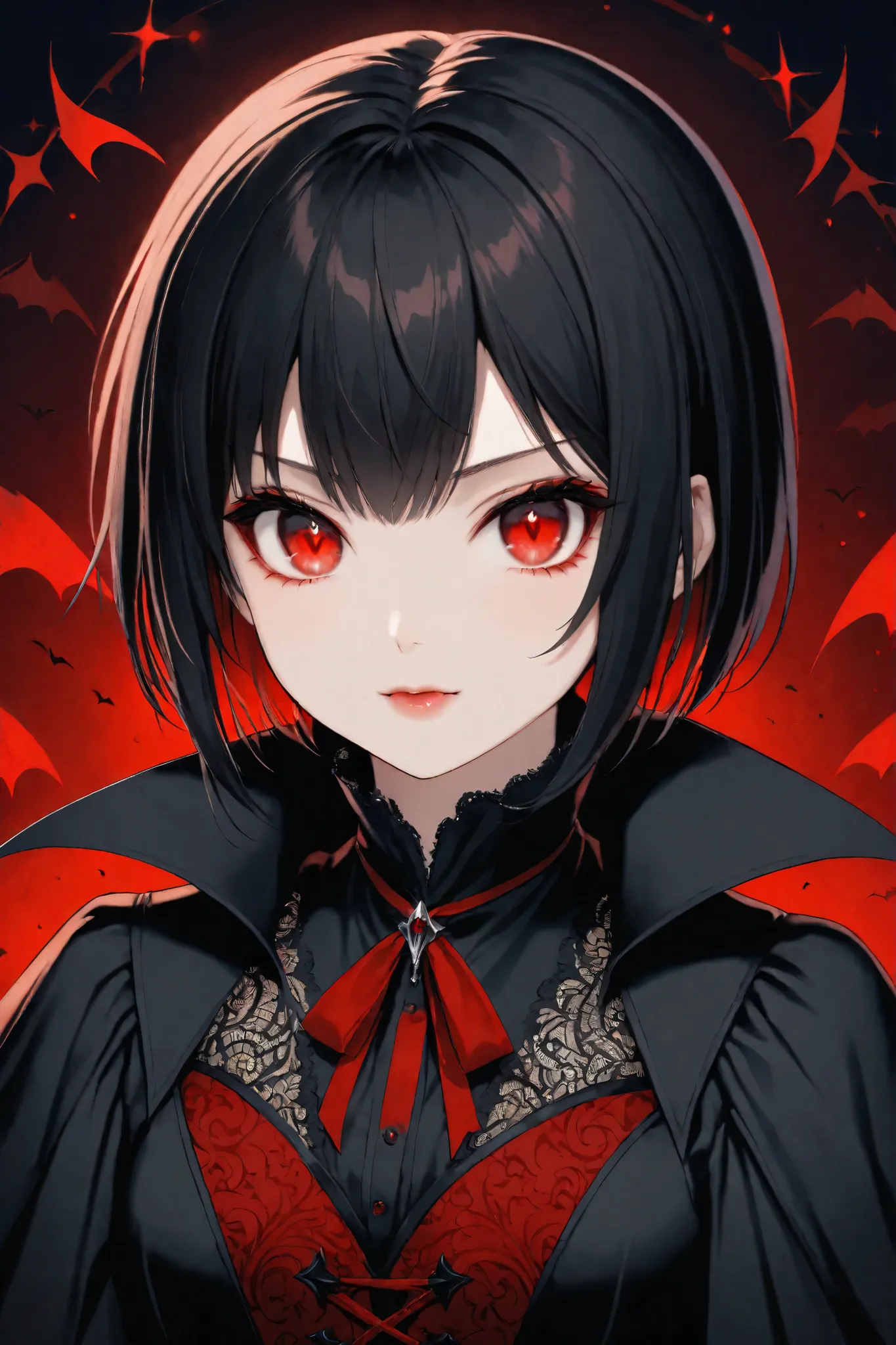 A cute vampire girl with short black hair and red eyes, intricate details), masterpiece, best quality