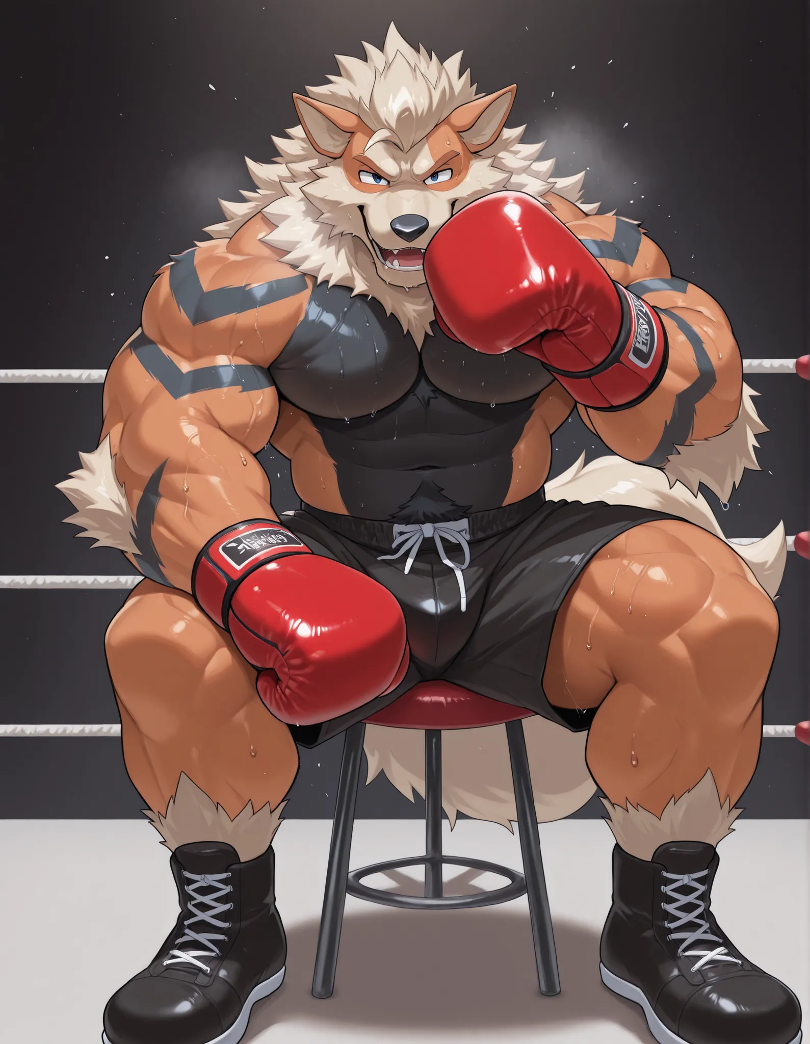 Arcanine, anthro male, high quality, full body, thick bushy eyebrows, looking at viewer, solo, boxing ring background, red boxing gloves, thick very veiny arms, heavyweight muscular, black boxing shorts, black boxing shoes, heavyweight boxing champion, gli...