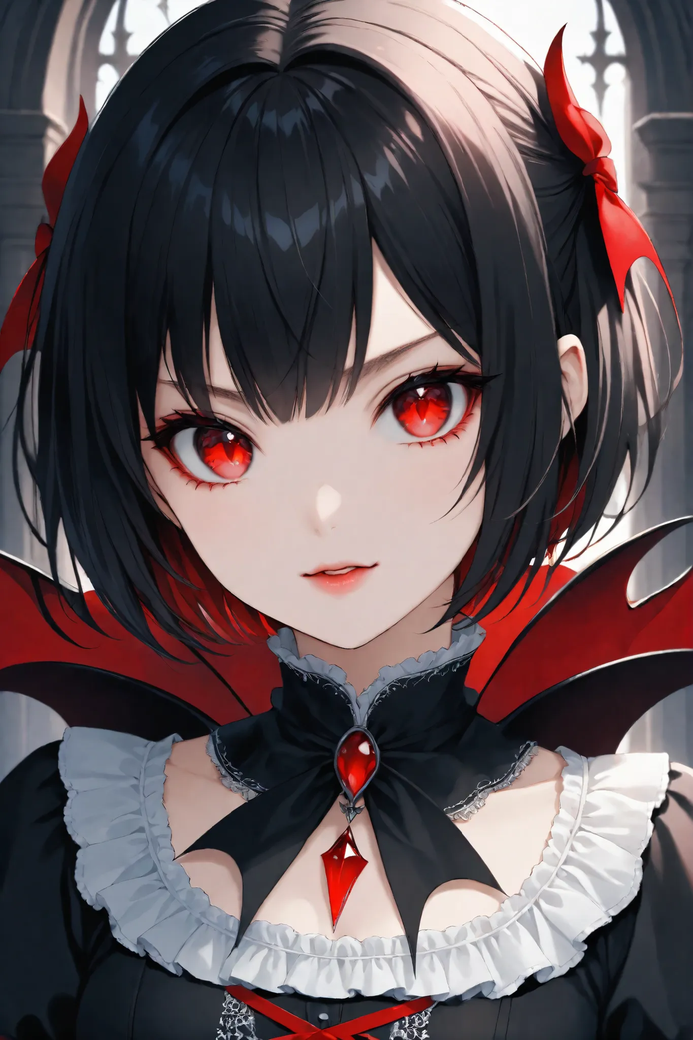 A cute vampire girl with short black hair and red eyes, intricate details), masterpiece, best quality