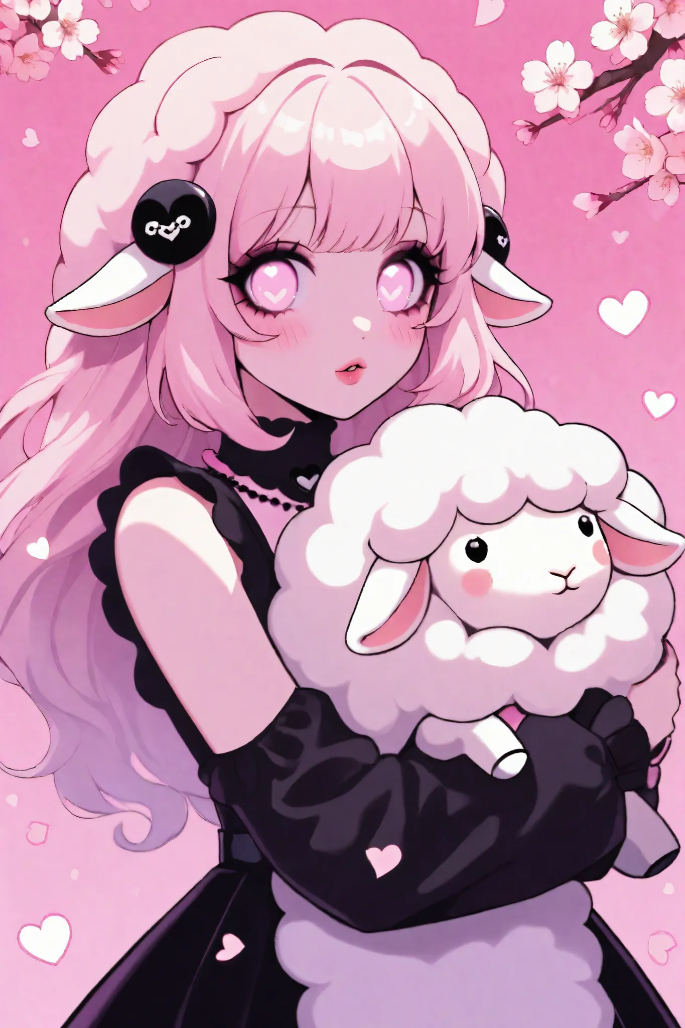 Cute cartoon/ Sheep woman, pink aesthetic background, heart, cherry blossoms, well lit, pastel goth