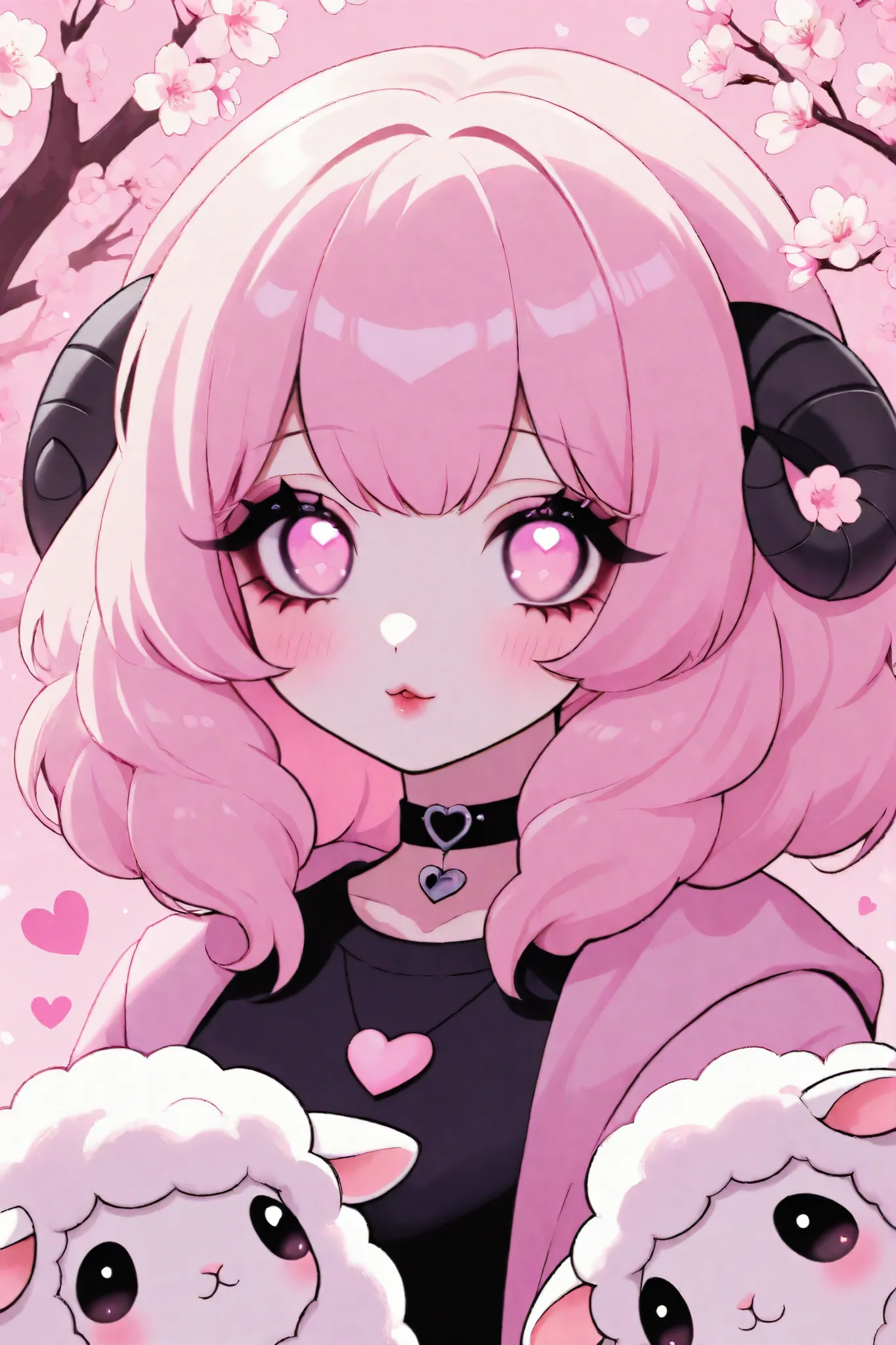Cute cartoon/ Sheep woman, pink aesthetic background, heart, cherry blossoms, well lit, pastel goth