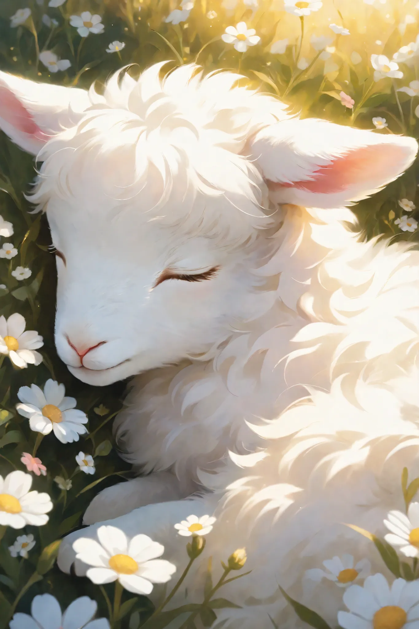 Close-up of a sleeping lamb, fluffy white fur, soft pink ears, closed eyes, adorable expression, surrounded by white wildflowers, soft golden light, painterly style, intricate details,