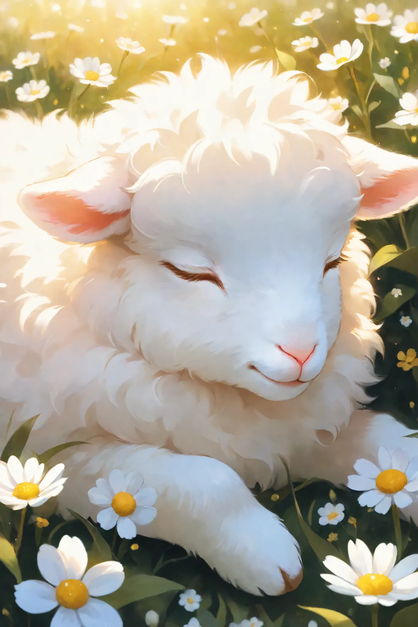 Close-up of a sleeping lamb, fluffy white fur, soft pink ears, closed eyes, adorable expression, surrounded by white wildflowers, soft golden light, painterly style, intricate details,