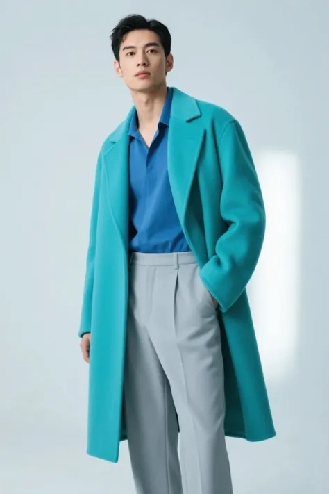 a man wearing a turquoise coat and light gray pants and a blue shirt