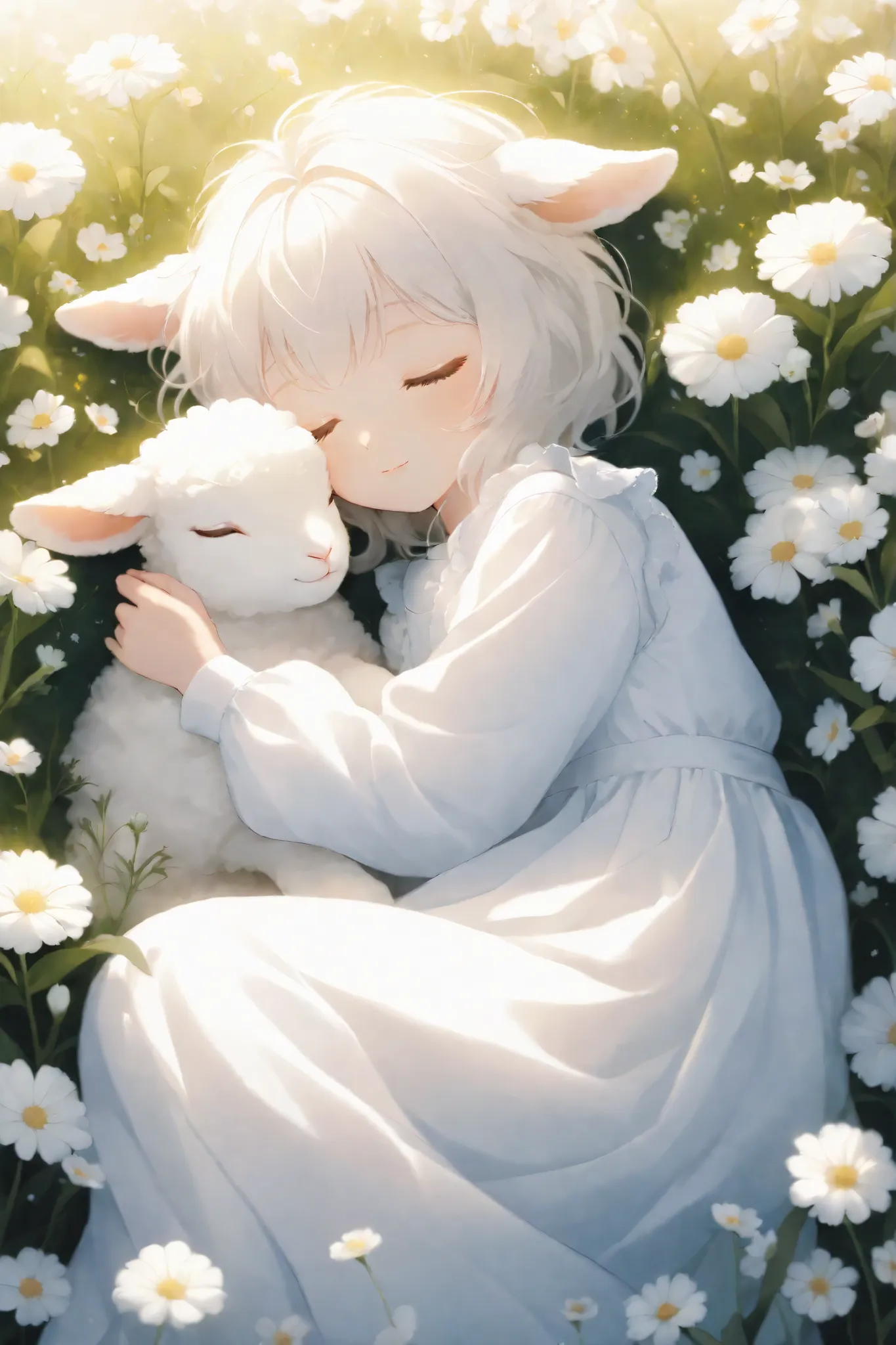 A fluffy white lamb, sleeping peacefully amidst a field of delicate white flowers, soft lighting, ethereal, dreamy,