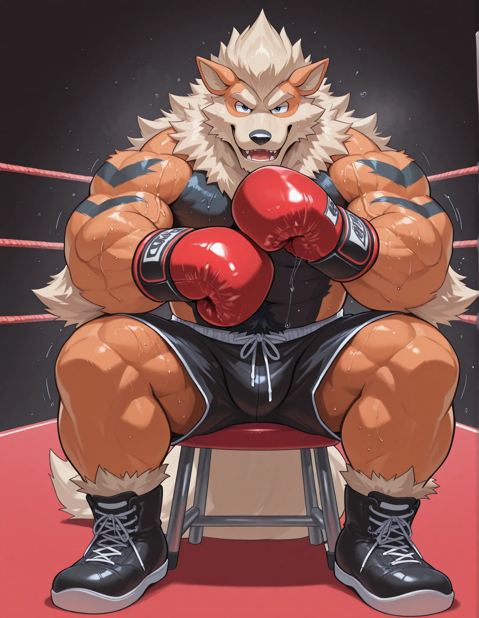 Arcanine, anthro male, high quality, full body, looking at viewer, solo, boxing ring background, red boxing gloves, thick very veiny arms, heavyweight muscular, black boxing shorts, black boxing shoes, heavyweight boxing champion, bushy eyebrows, glistenin...
