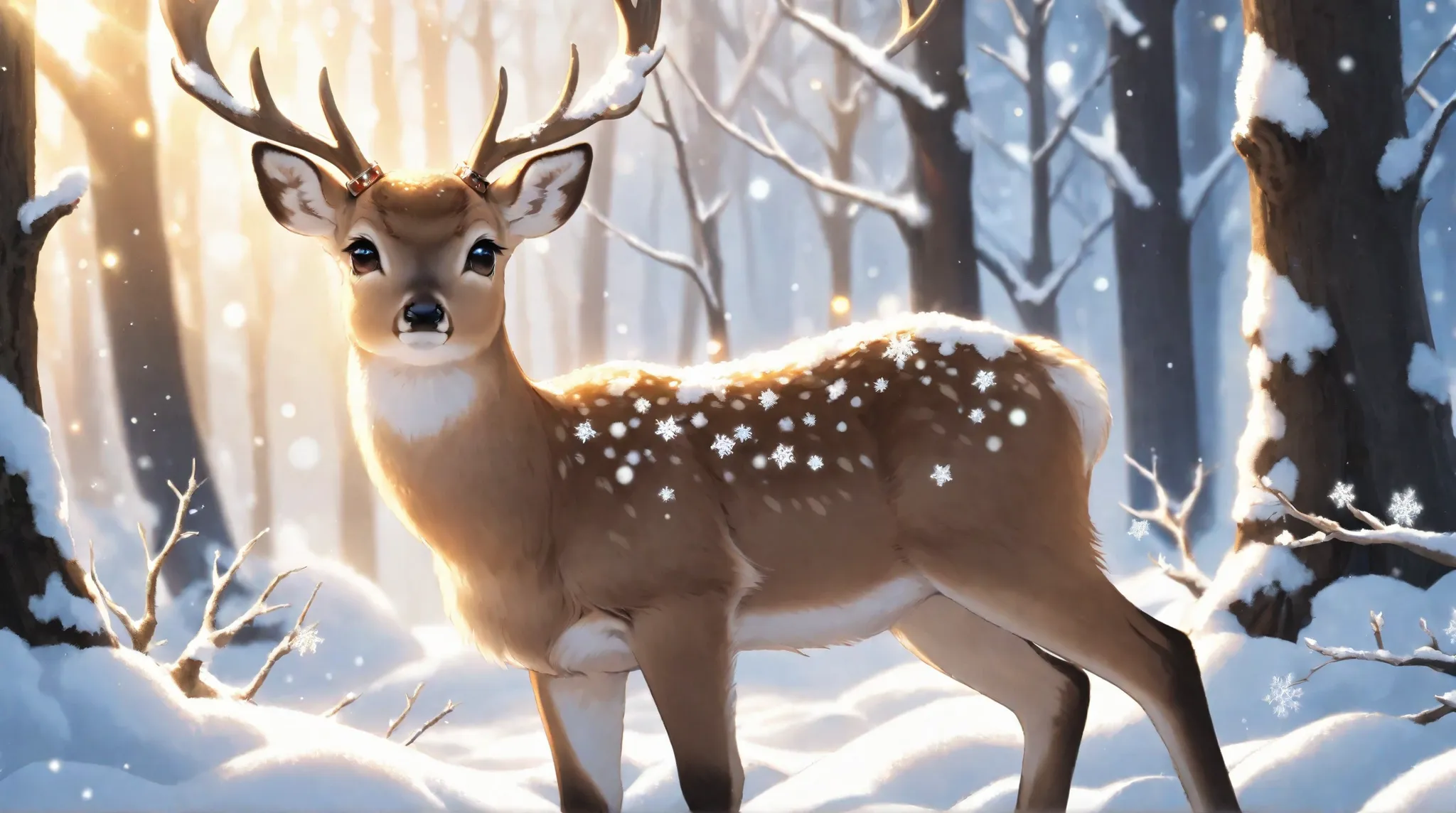 A cute, fluffy, light brown deer fawn covered in sparkling snow, with large, expressive eyes, delicate antler-like branches, and a small snowflake-shaped ornament on a collar, standing in a snowy forest scene with soft, golden bokeh light filtering through...