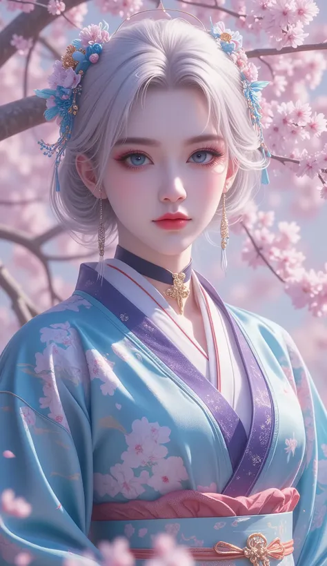 (masterpiece, detailed:1.2), bell choker, big, mature woman, milf, (platinum hair), gradient hair, asymmetrical haircut, aqua gradient eyes, massive breasts, extremely busty, thicc, chubby body, expressionless, mole under eye, polished nails, (blue gradien...