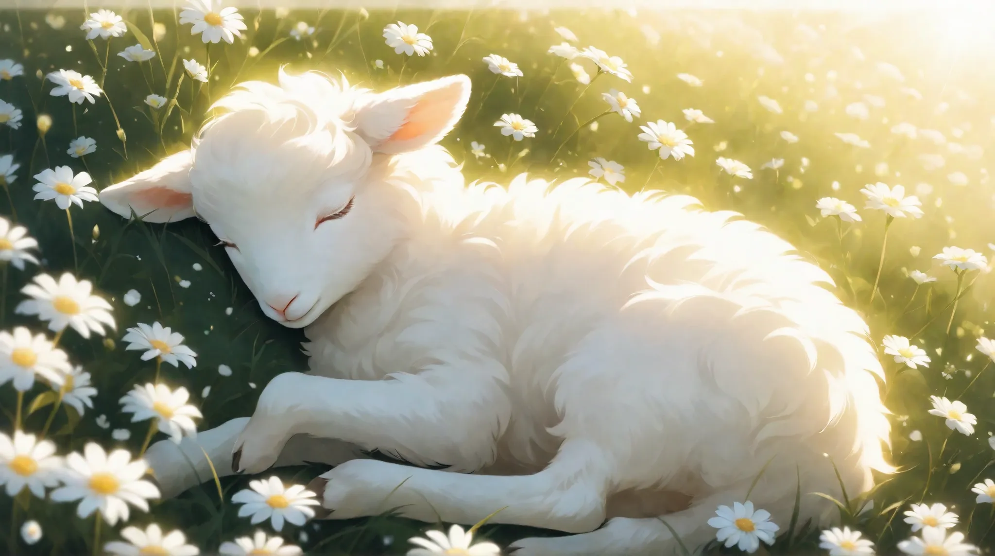 A fluffy white lamb, sleeping peacefully amidst a field of delicate white flowers, soft lighting, ethereal, dreamy,