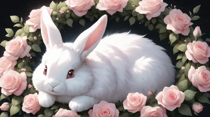  Cute, fluffy white rabbit with a pink bow, nestled within a wreath of delicate pink roses and small, light pink flowers; soft, pastel pink and white color palette; realistic fur texture on rabbit and flowers; detailed, cartoon-style paws; cheerful express...