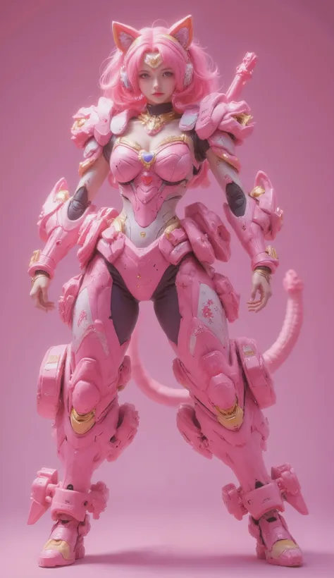cute girly robot sailormoon, colorful flower golden pattern on pink body, headset ear cat's, armed with heavy weapons on body, kawaii mood, Joints and gaps glowing pink. Riding the cheetah.hardcore machine. newest anime style,cute pop simple background.viv...