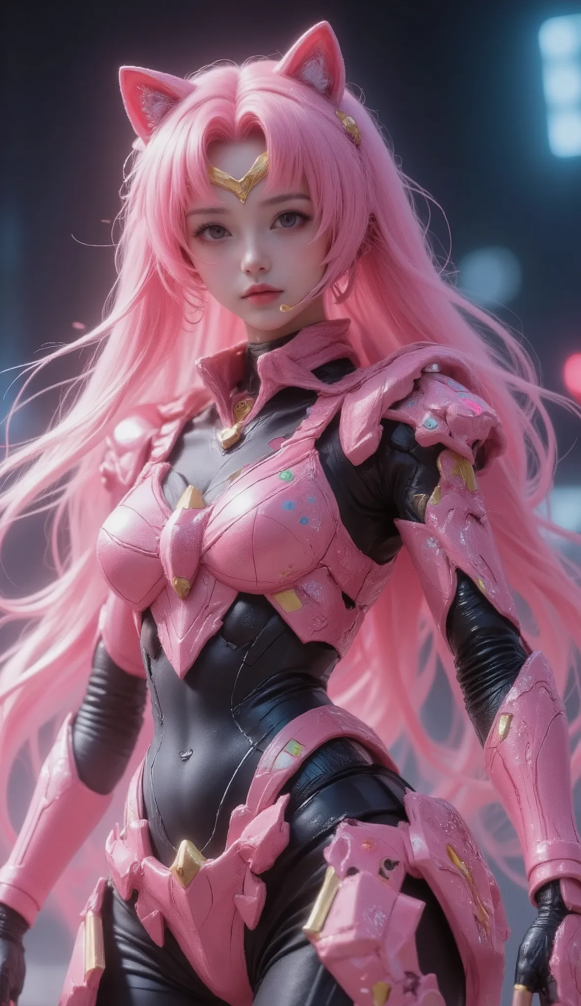 cute girly robot sailormoon, colorful flower golden pattern on pink body, headset ear cat's, armed with heavy weapons on body, kawaii mood, Joints and gaps glowing pink. Riding the cheetah.hardcore machine. newest anime style,cute pop simple background.viv...