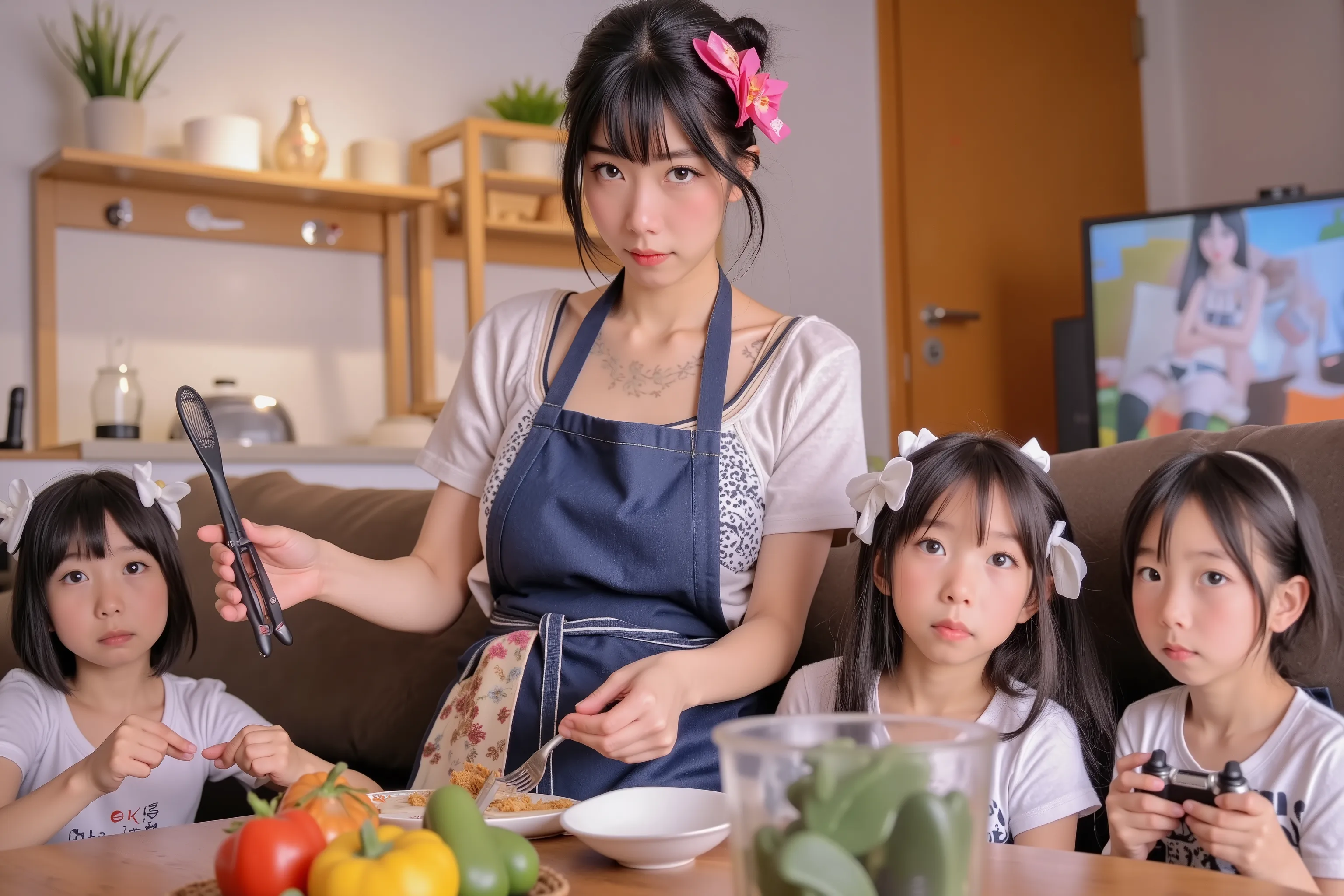 Lovely Japanese house wife (cute, 30 years, hair done up with a bright bow, sexy outfit, cooking apron( she is busy preparing dinner in the kitchen portion of the open air apartment, the 3 s play video games from the couch. realistic