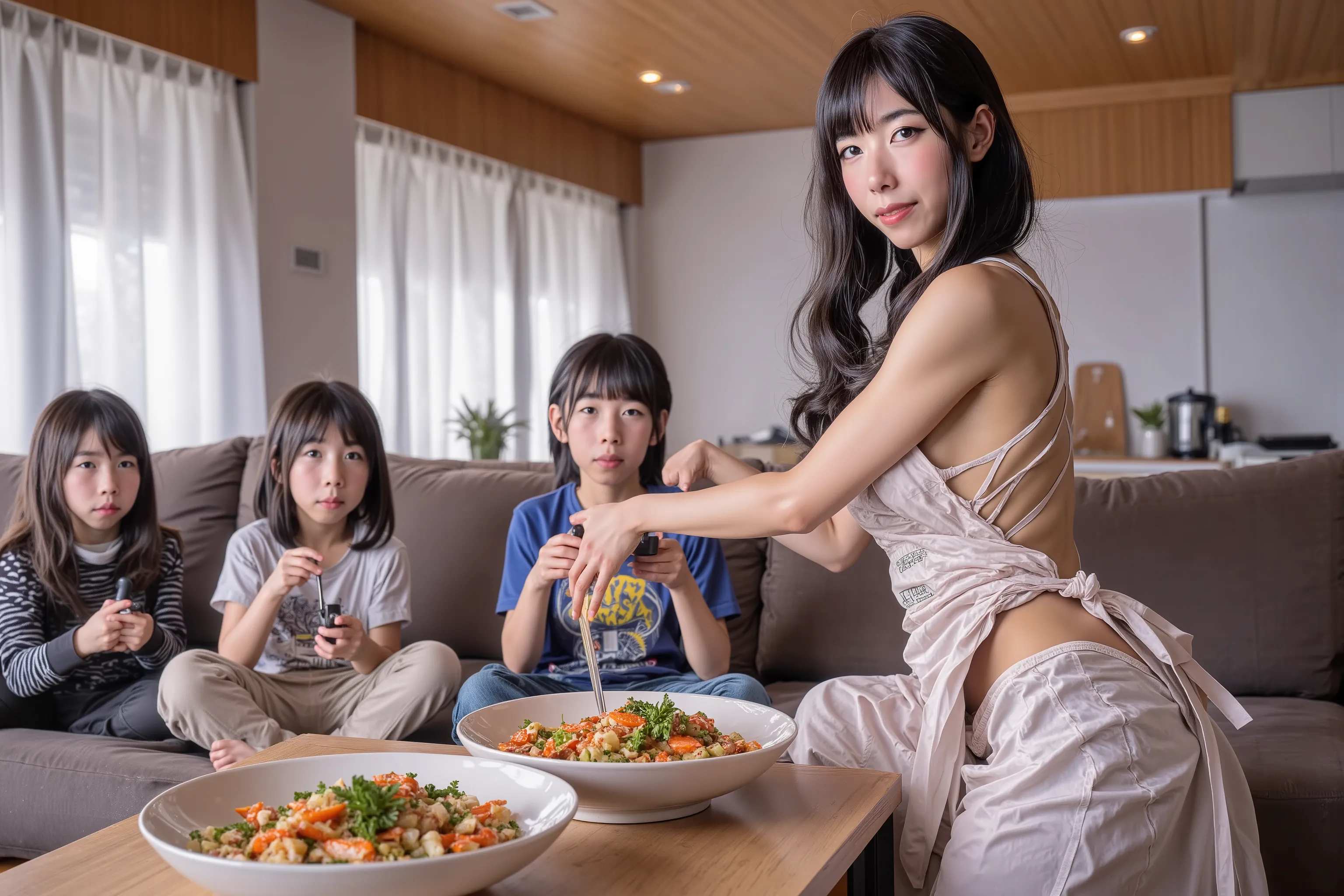 Lovely Japanese house wife (cute, 30 years, hair done up with a bright bow, sexy outfit, cooking apron( she is busy preparing dinner in the kitchen portion of the open air apartment, the 3 s play video games from the couch. realistic