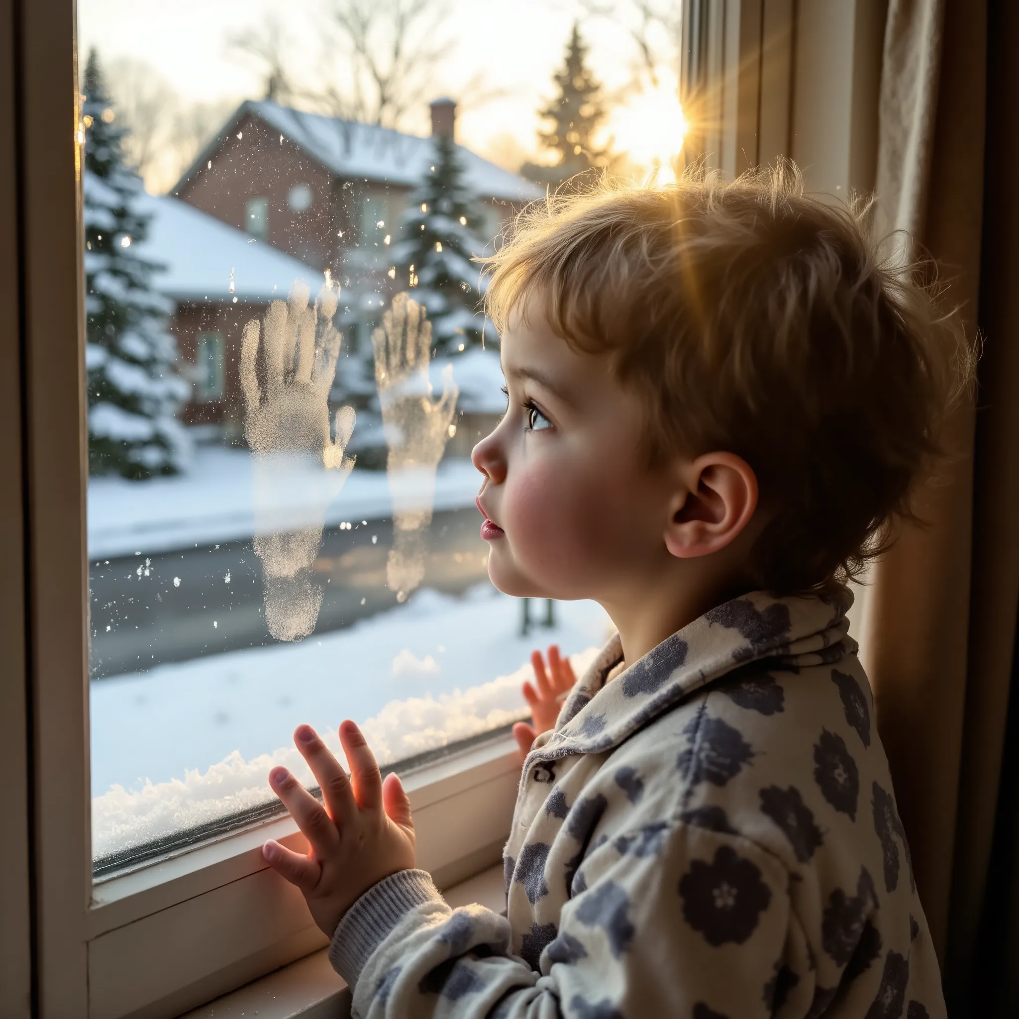 An early morning iPhone photo captures a young  in soft flannel pajamas standing at a window, gazing out in awe at the first snowfall of their life. The glass is slightly fogged from the warmth inside, with tiny handprints pressed against it. Outside, snow...