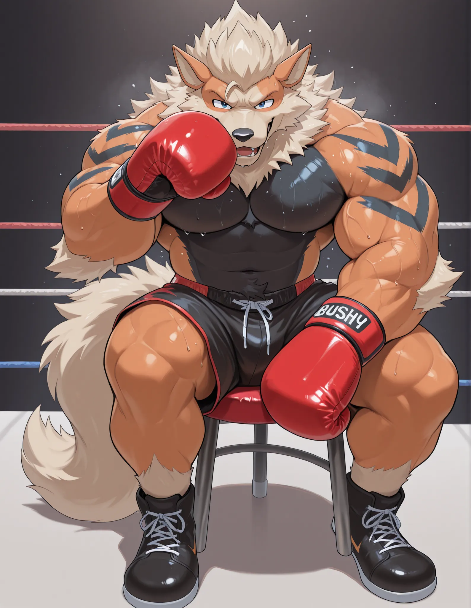 Arcanine, anthro male, high quality, full body, looking at viewer, solo, boxing ring background, red boxing gloves, thick very veiny arms, heavyweight muscular, black boxing shorts, black boxing shoes, heavyweight boxing champion, bushy eyebrows, glistenin...