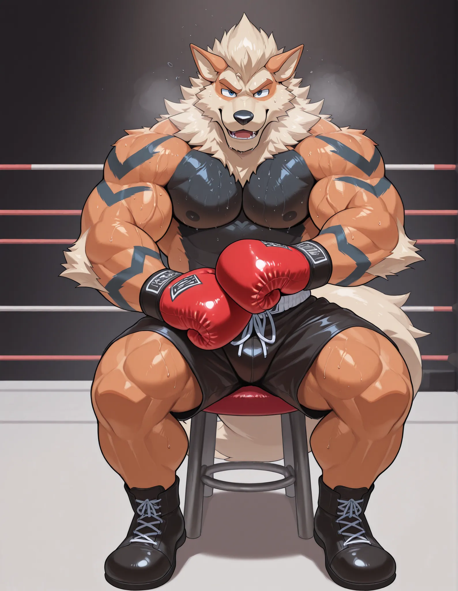 Arcanine, anthro male, high quality, full body, looking at viewer, solo, boxing ring background, red boxing gloves, thick very veiny arms, heavyweight muscular, black boxing shorts, black boxing shoes, heavyweight boxing champion, bushy eyebrows, glistenin...