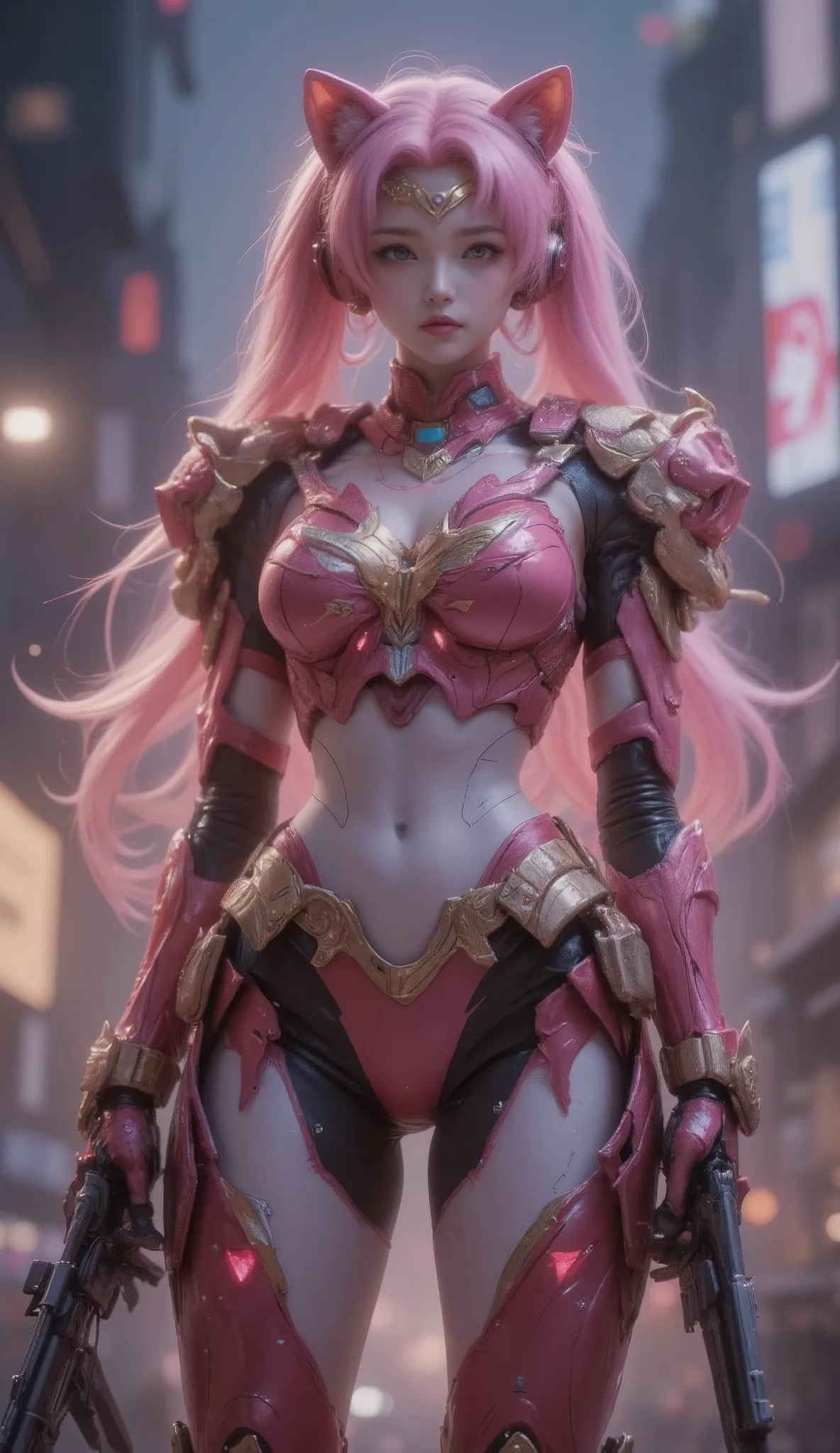 cute girly robot sailormoon, colorful flower golden pattern on pink body, visible skin, headset ear cat's, armed with heavy weapons on body, kawaii mood, Joints and gaps glowing red. leopard robot standing behind she.hardcore machine. newest anime style,cu...