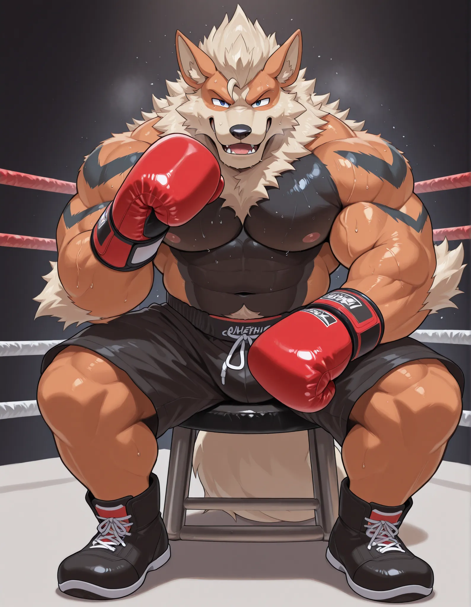 Arcanine, anthro male, high quality, full body, looking at viewer, solo, boxing ring background, red boxing gloves, thick very veiny arms, heavyweight muscular, black boxing shorts, black boxing shoes, heavyweight boxing champion, bushy eyebrows, glistenin...