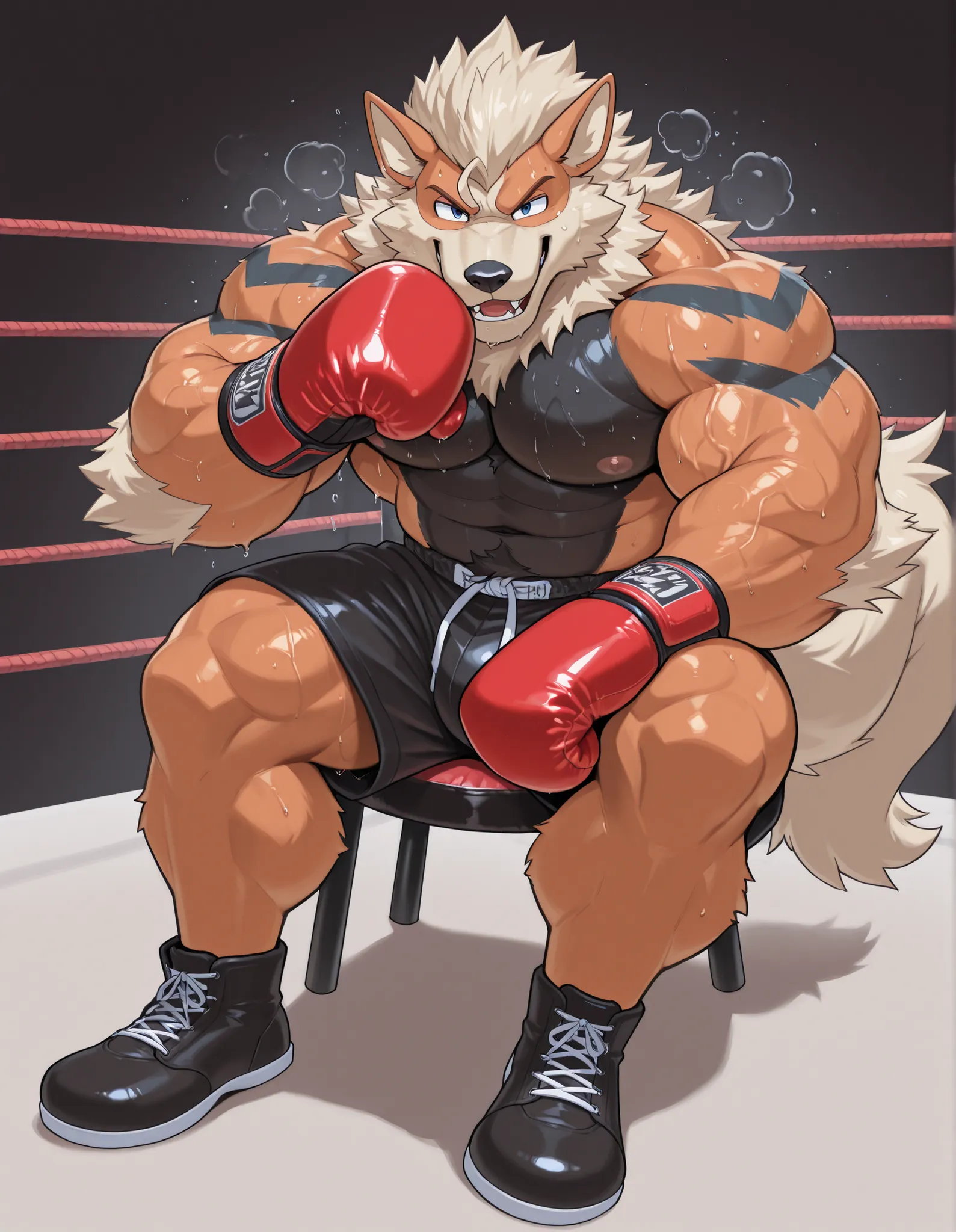 Arcanine, anthro male, high quality, full body, looking at viewer, solo, boxing ring background, red boxing gloves, thick very veiny arms, heavyweight muscular, black boxing shorts, black boxing shoes, heavyweight boxing champion, bushy eyebrows, glistenin...