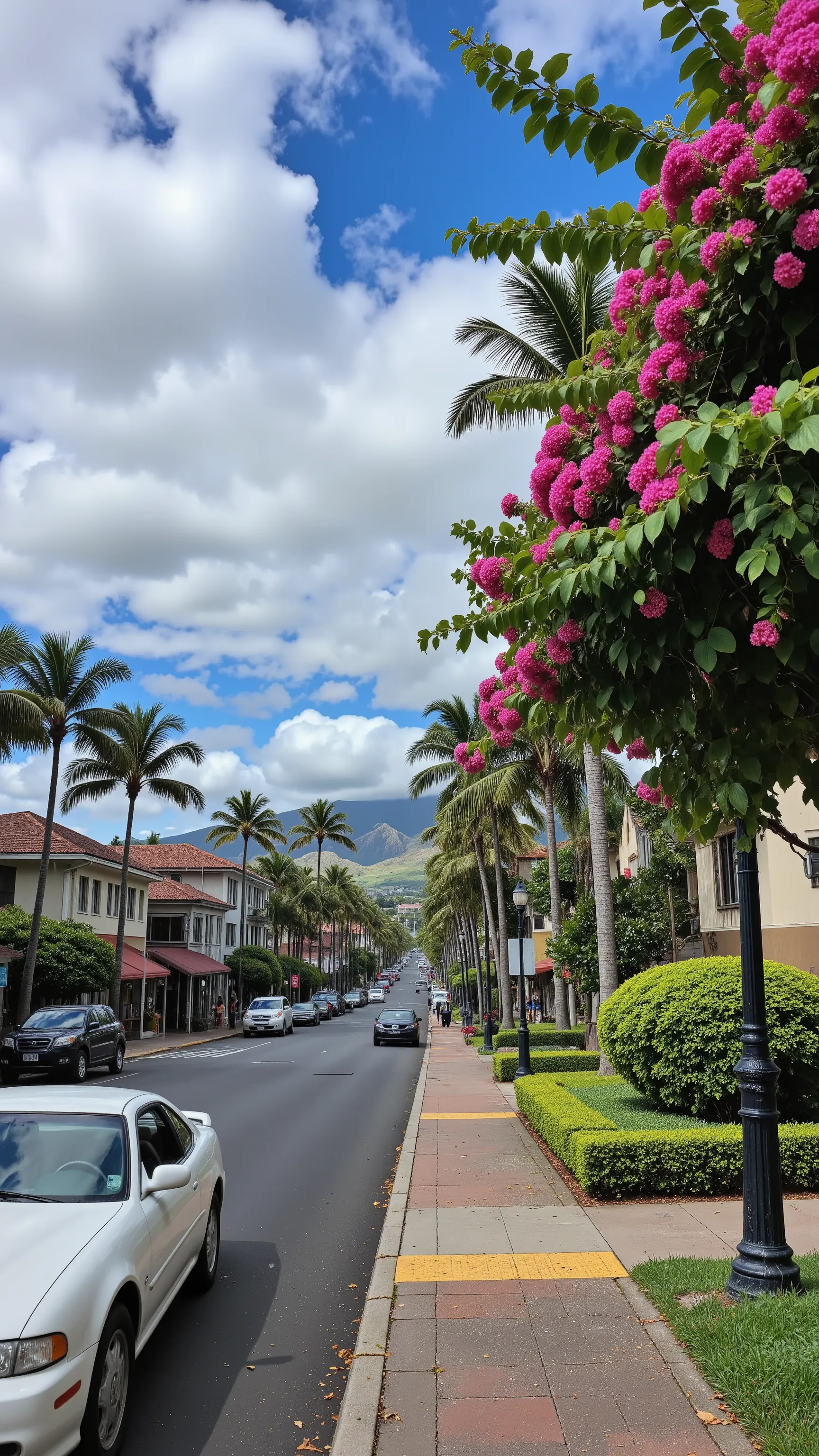 highdefinition images、Walking through the streets of Lahaina、Full bloom near the coast of Lahaina in Hawaii you walk down the road。Stunning views of Lahaina looking at、The calm state of the city before the disaster。